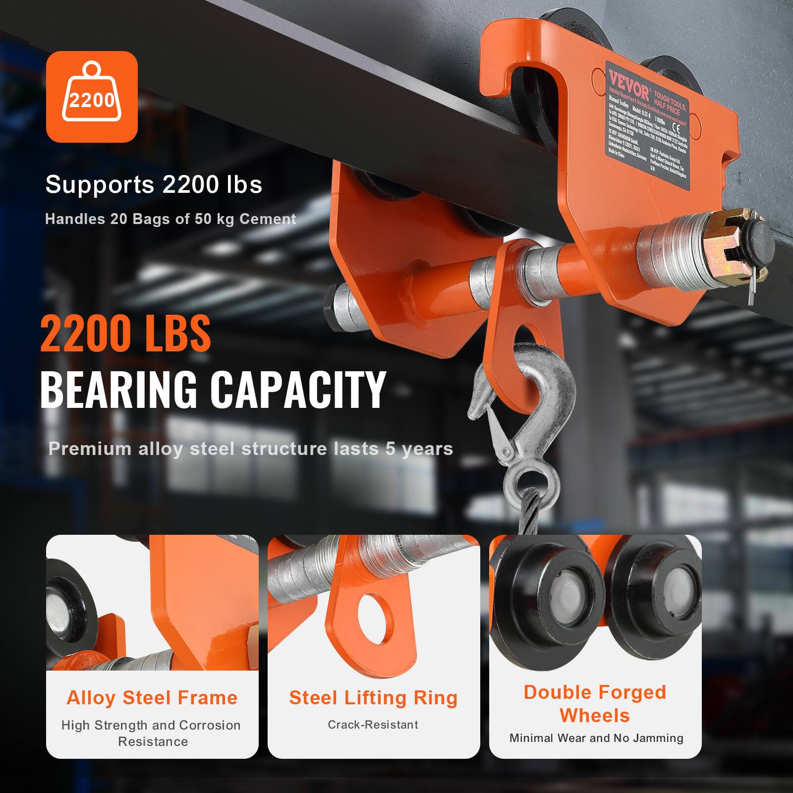 Supports 2200 lbs  
Handles 20 Bags of 50 kg Cement  

2200 LBS BEARING CAPACITY  
Premium alloy steel structure lasts 5 years  

Alloy Steel Frame  
High Strength and Corrosion Resistance  

Steel Lifting Ring  
Crack-Resistant  

Double Forged Wheels  
Minimal Wear and No Jamming