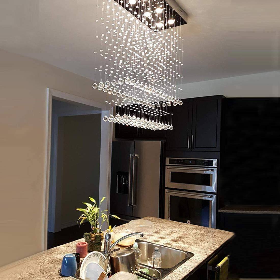 Alt View 2. Siljoy - 10-Light Modern Rectangular Raindrop Crystal Chandelier for Dining Room/Foyer/Kitchen - Metallic Gray.