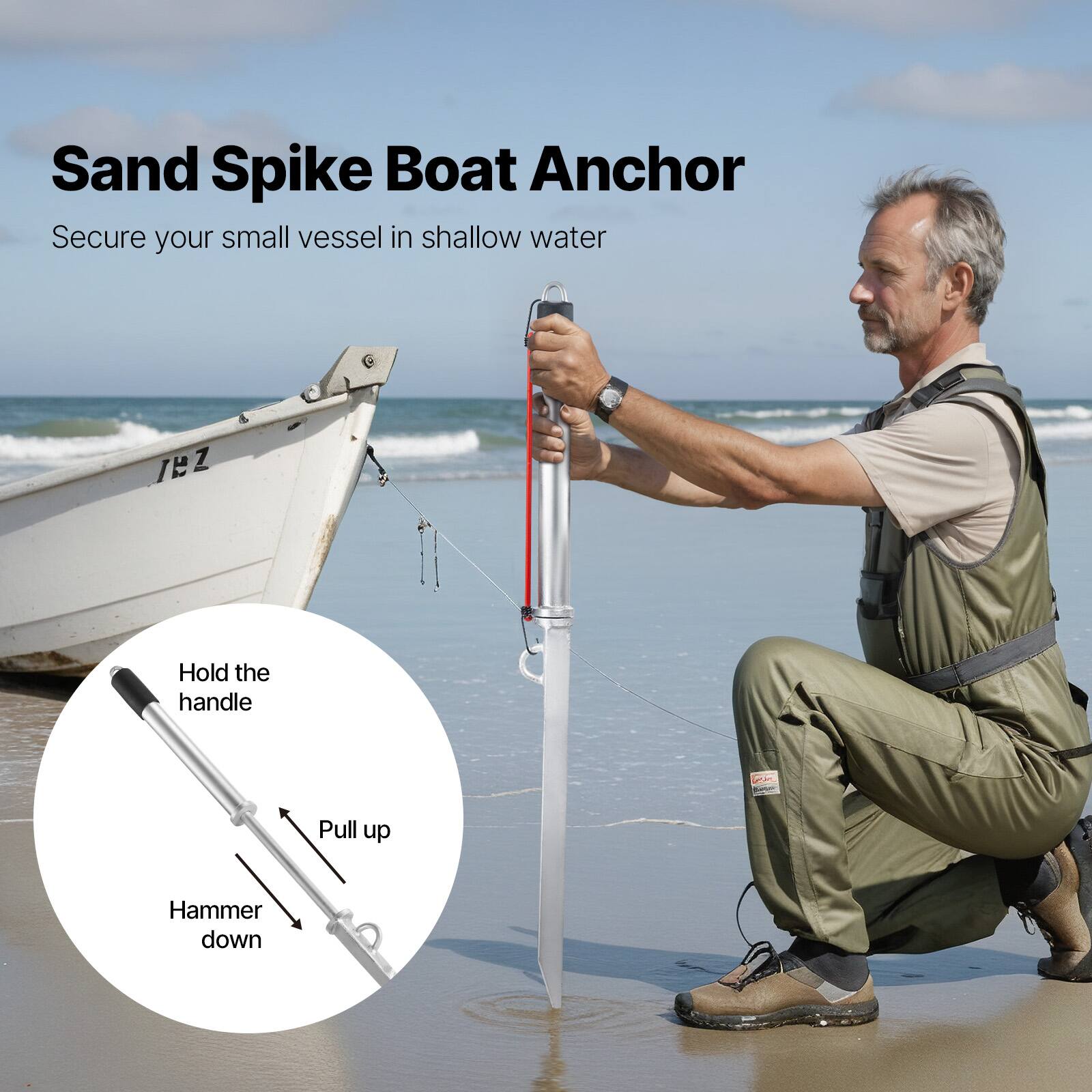 Sand Spike Boat Anchor  
Secure your small vessel in shallow water  

Hold the handle  
Pull up  
Hammer down