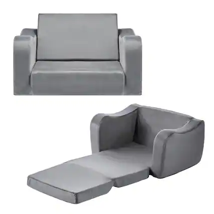 Front. VEVOR - 2-in-1 Kids Sofa, Foldable Toddler Soft Couch with Armrests, Made of 28D Sponge & Short Pile, Convertible Toddler Chair - Gray.