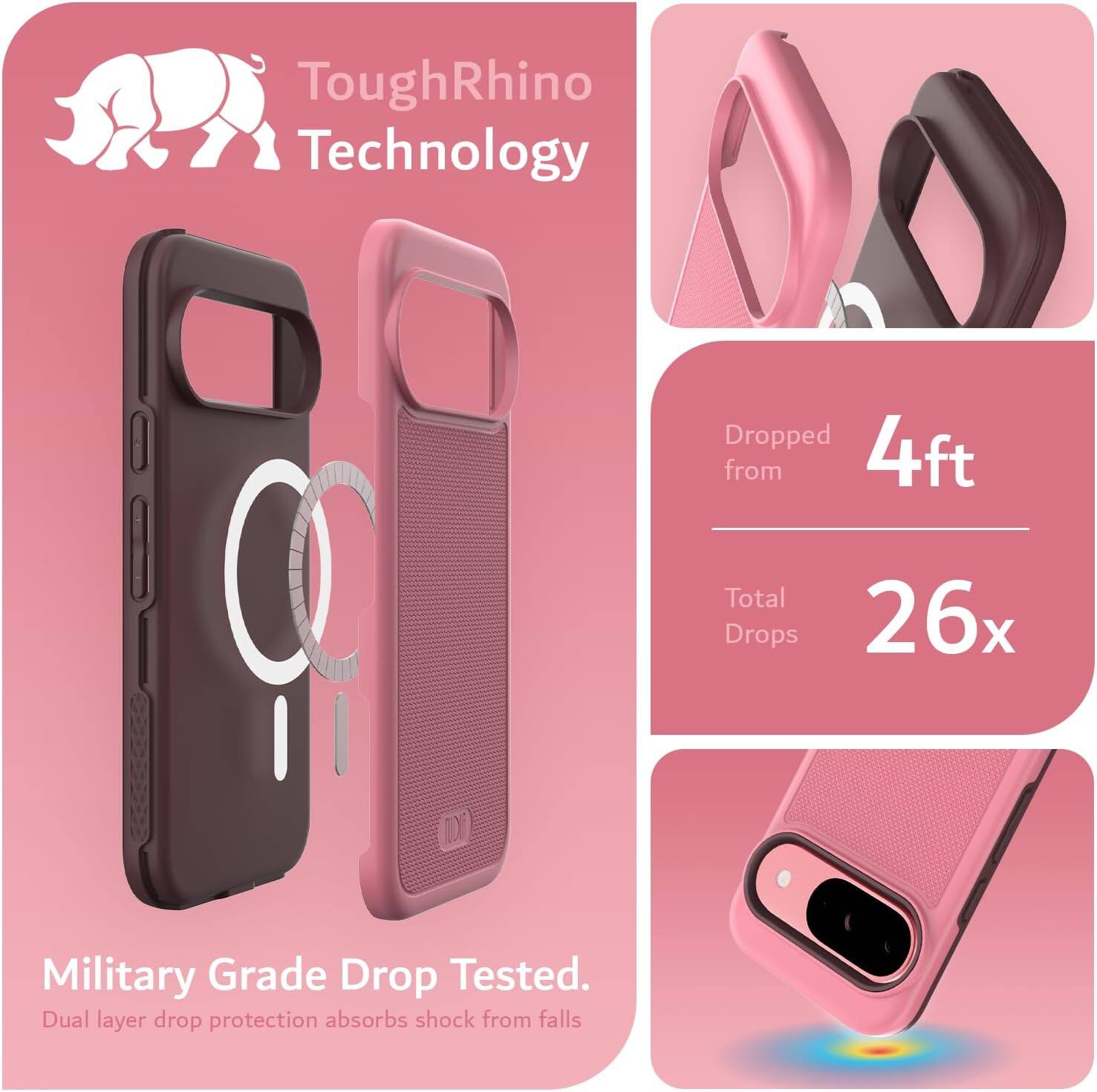 ToughRhino Technology

Military Grade Drop Tested.
Dual layer drop protection absorbs shock from falls.

Dropped from 4ft
Total Drops 26x