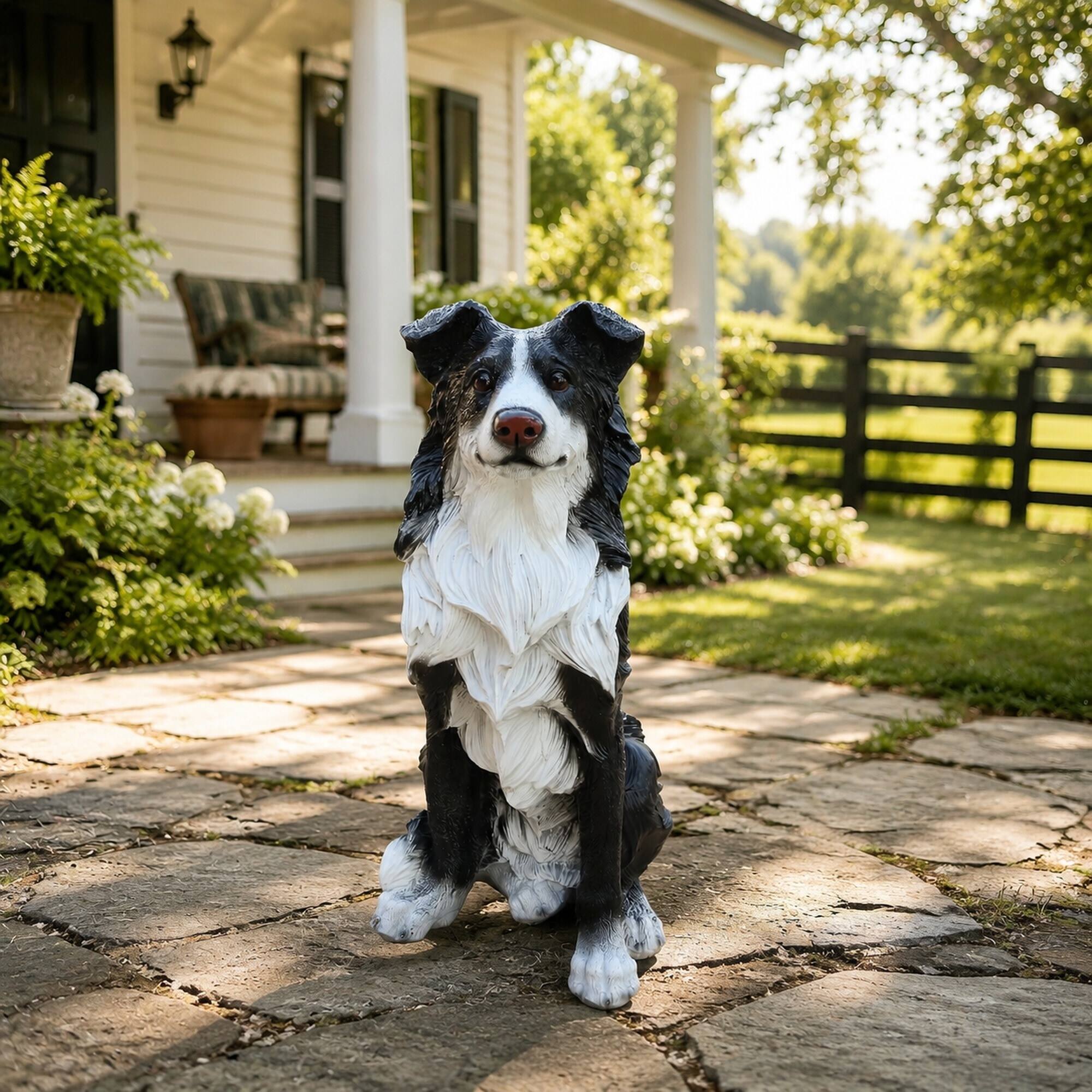 Left. RYHNUYNE - Lifelike Border Collie Dog Statue for Garden and Patio Decor, Hand-Painted Resin Puppy Sculpture Welcome Accent - Black.