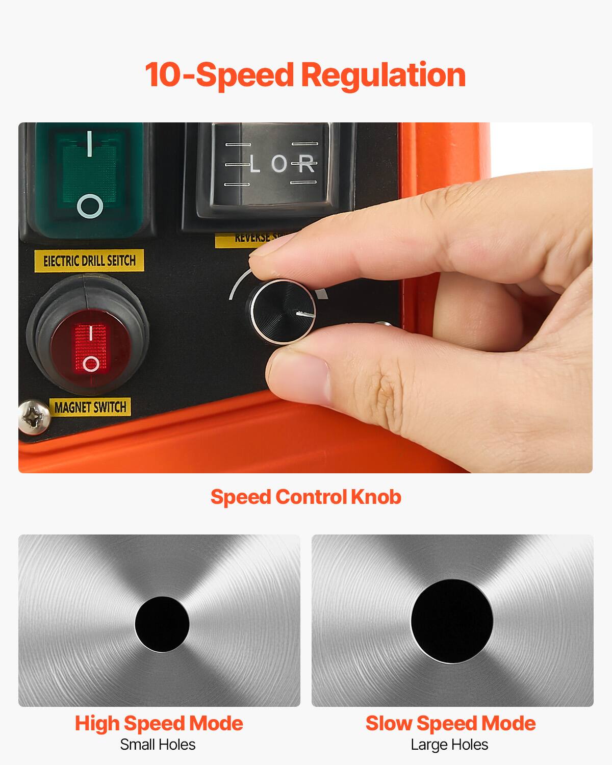 10-Speed Regulation

LOR
REVERSE
ELECTRIC DRILL SWITCH
MAGNET SWITCH

Speed Control Knob

High Speed Mode Small Holes
Slow Speed Mode Large Holes