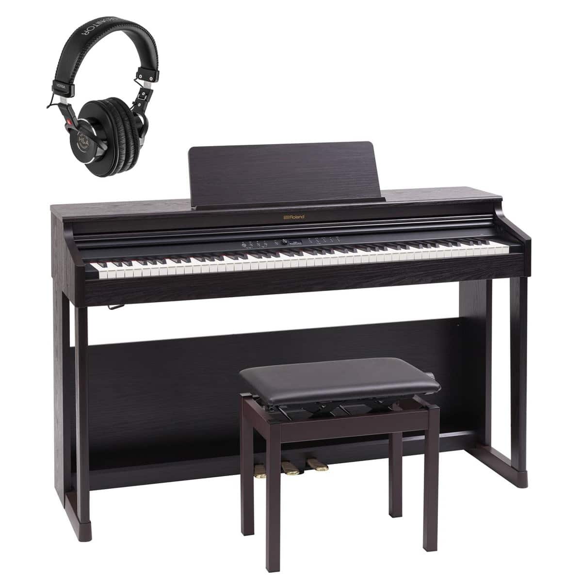 Roland - F701 88-Key SuperNATURAL Digital Piano, with Bench & Stand, Dark Rosewood Bundle with Studio Monitor Headphones