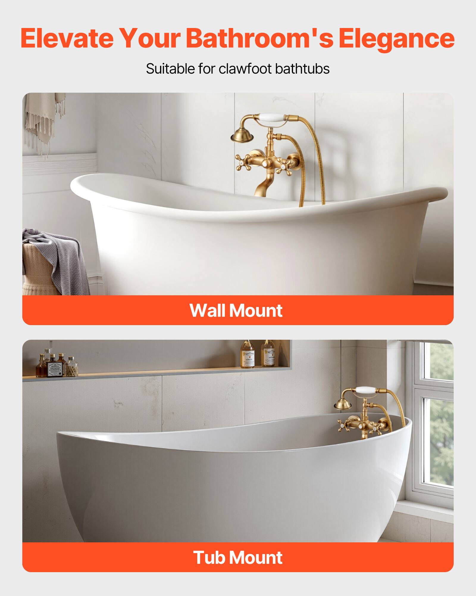 Elevate Your Bathroom's Elegance  
Suitable for clawfoot bathtubs  

Wall Mount  

Tub Mount