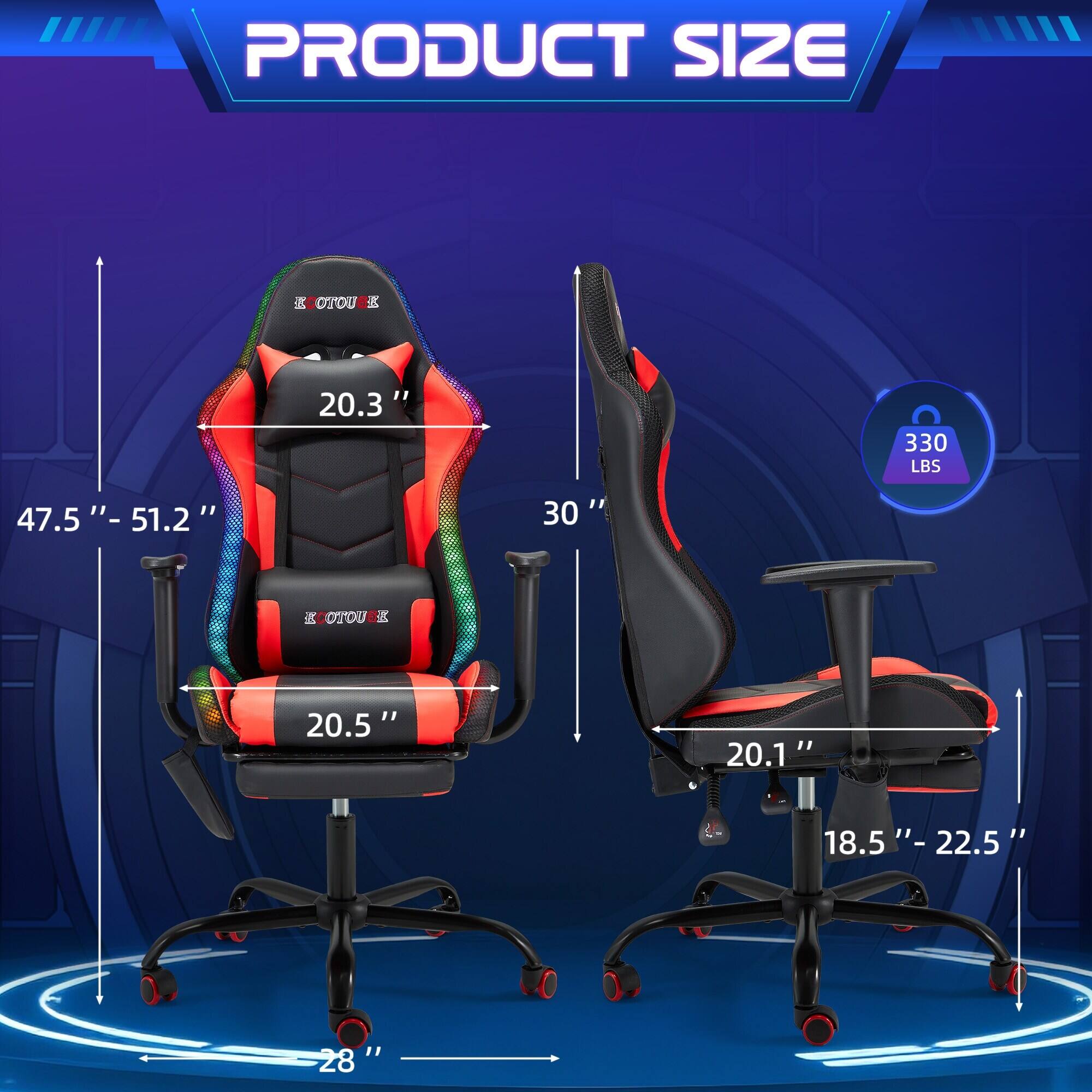 PRODUCT SIZE

- Height: 47.5" - 51.2"
- Width: 20.3"
- Depth: 20.5"
- Seat Height: 18.5" - 22.5"
- Armrest Height: 20.1"
- Base Diameter: 28"
- Weight Capacity: 330 LBS