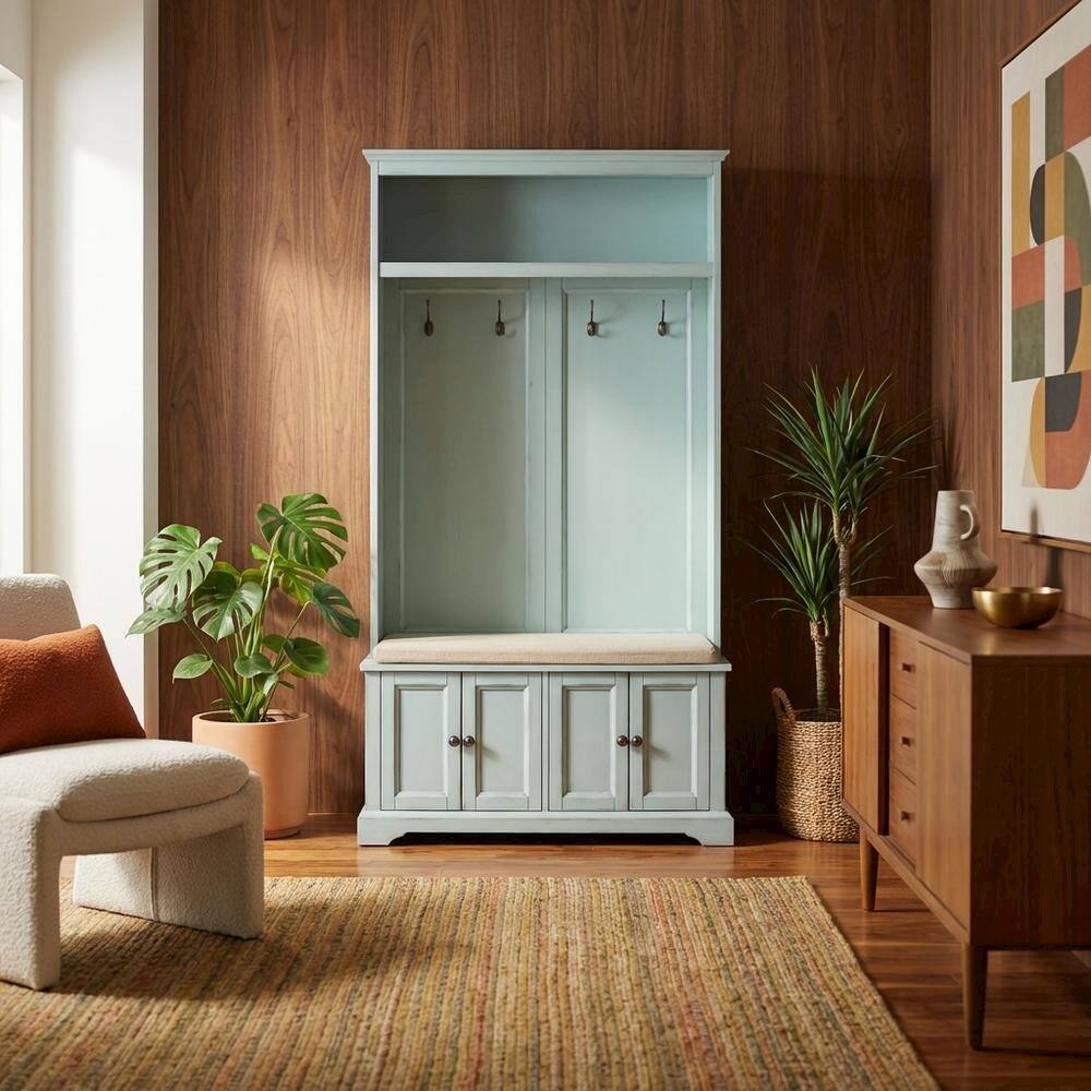 Alt View 4. FurniFact - Brown Hall Tree - Distressed Seafoam Blue.