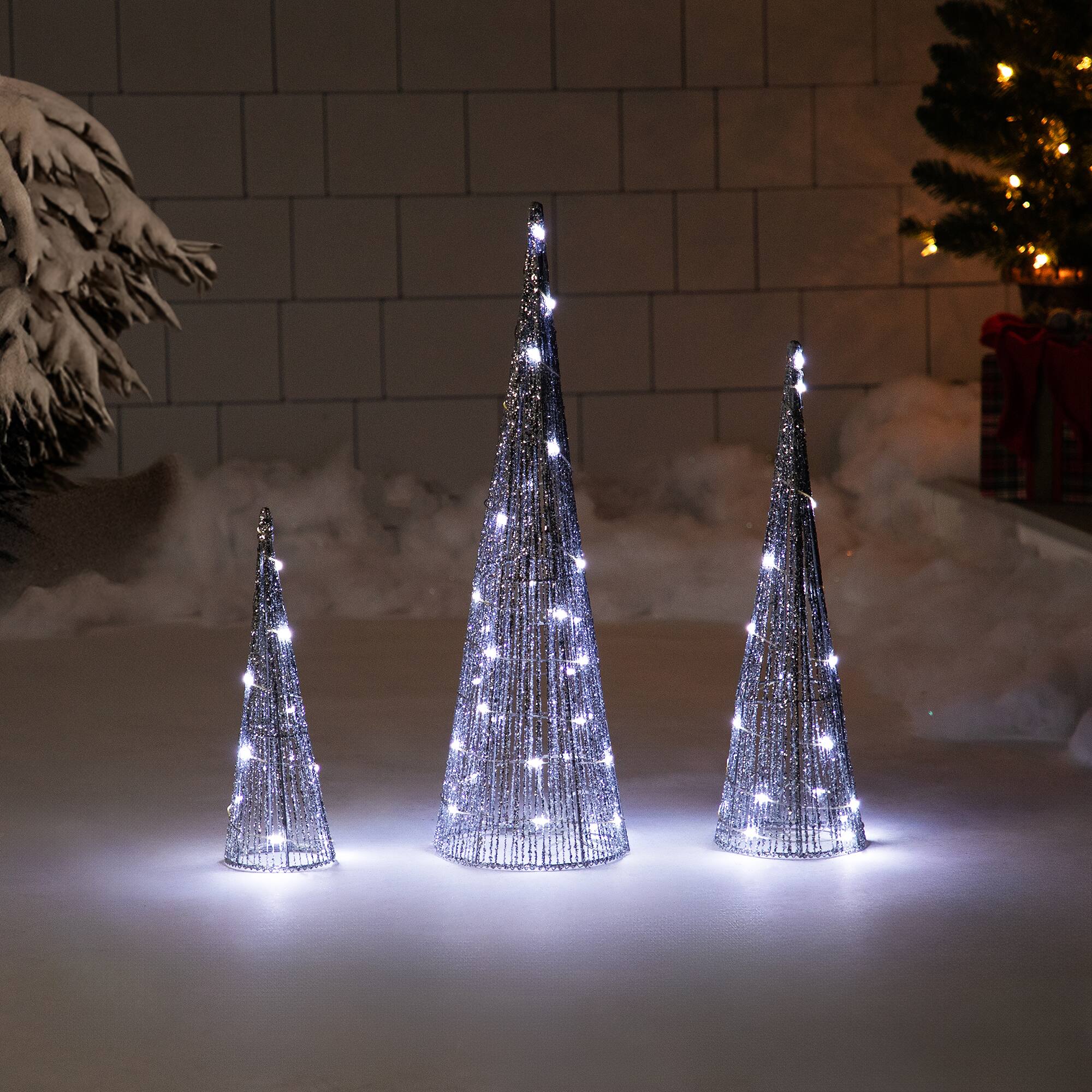 Front. Northlight - LED Lighted Glittered Outdoor Christmas Cone Tree - 23.75" - Silver - Set of 3 - Silver.