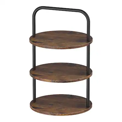 Front. Oumilen - 3-Tier Round Cupcake Display Stand, Rustic Wood Metal Dessert Serving Tray - Brown.