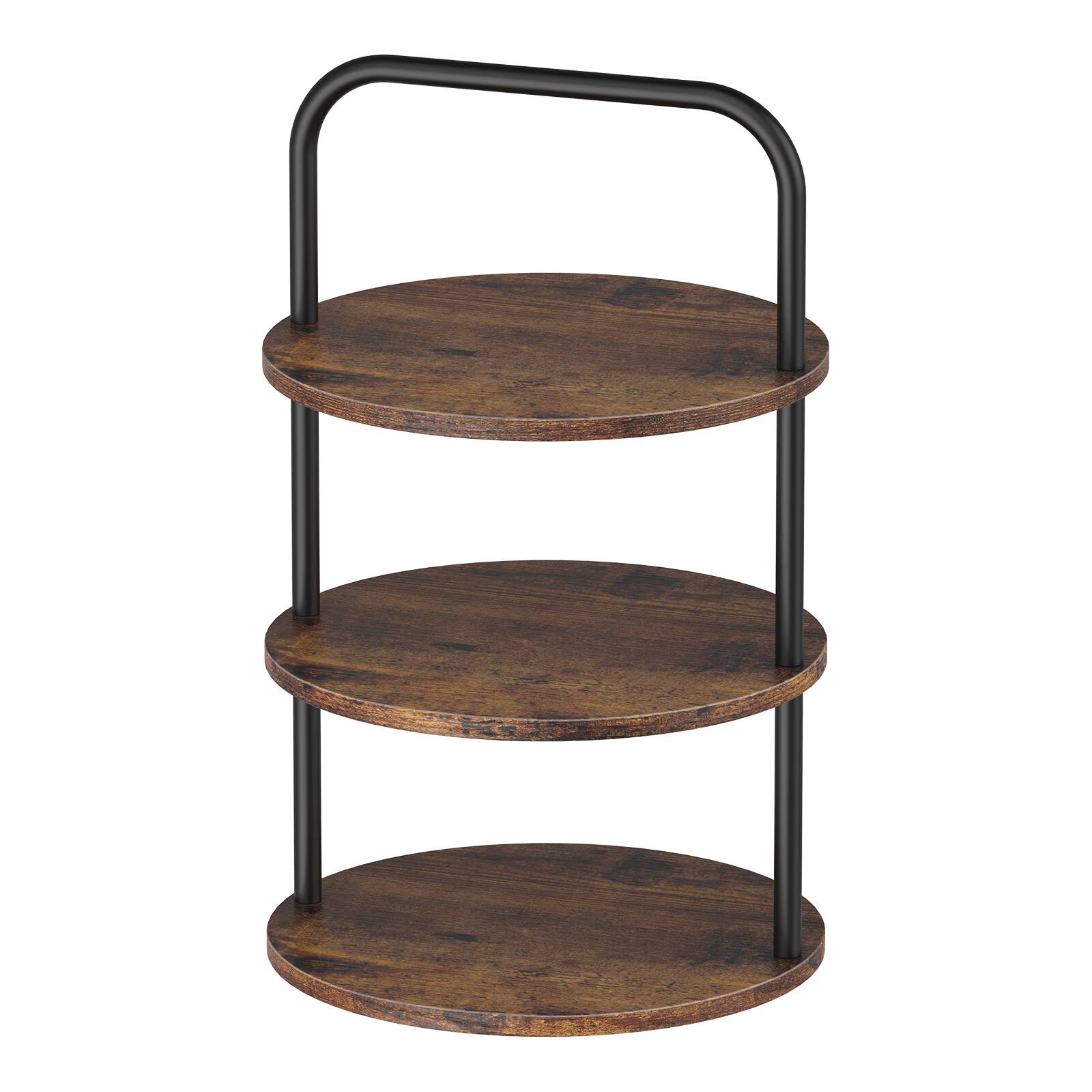 Front. Oumilen - 3-Tier Round Cupcake Display Stand, Rustic Wood Metal Dessert Serving Tray - Brown.
