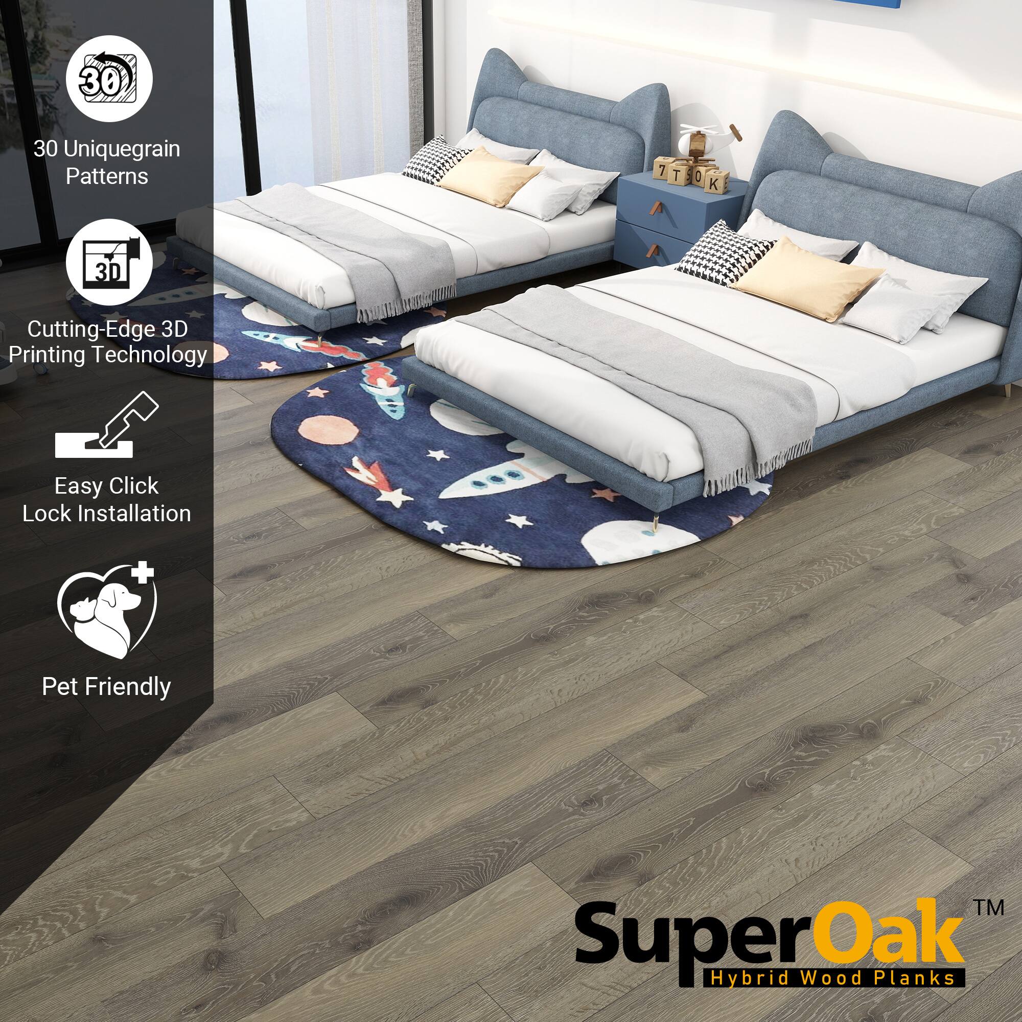 - 30 Unique Grain Patterns
- Cutting-Edge 3D Printing Technology
- Easy Click Lock Installation
- Pet Friendly
- SuperOak Hybrid Wood Planks