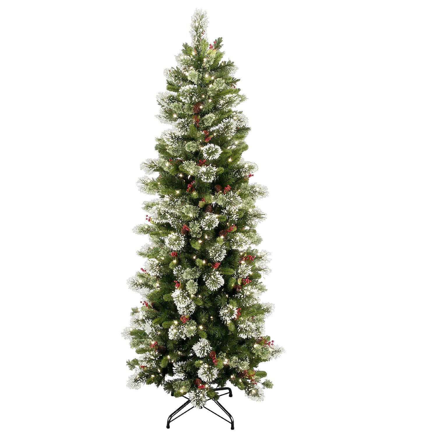 Alt View 1. Skar Audio - Artificial Christmas | Includes Lights And Stand Flocked With Cones Berries Snowflakes Wintry Pine Slim - 7ft 6in Medium Christmas Tree.