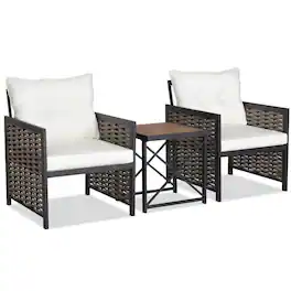 Kadyn - 3 Piece Patio Rattan Furniture Set, Outdoor Furniture Garden Conversation Sets with Acacia Wood Tabletop - White