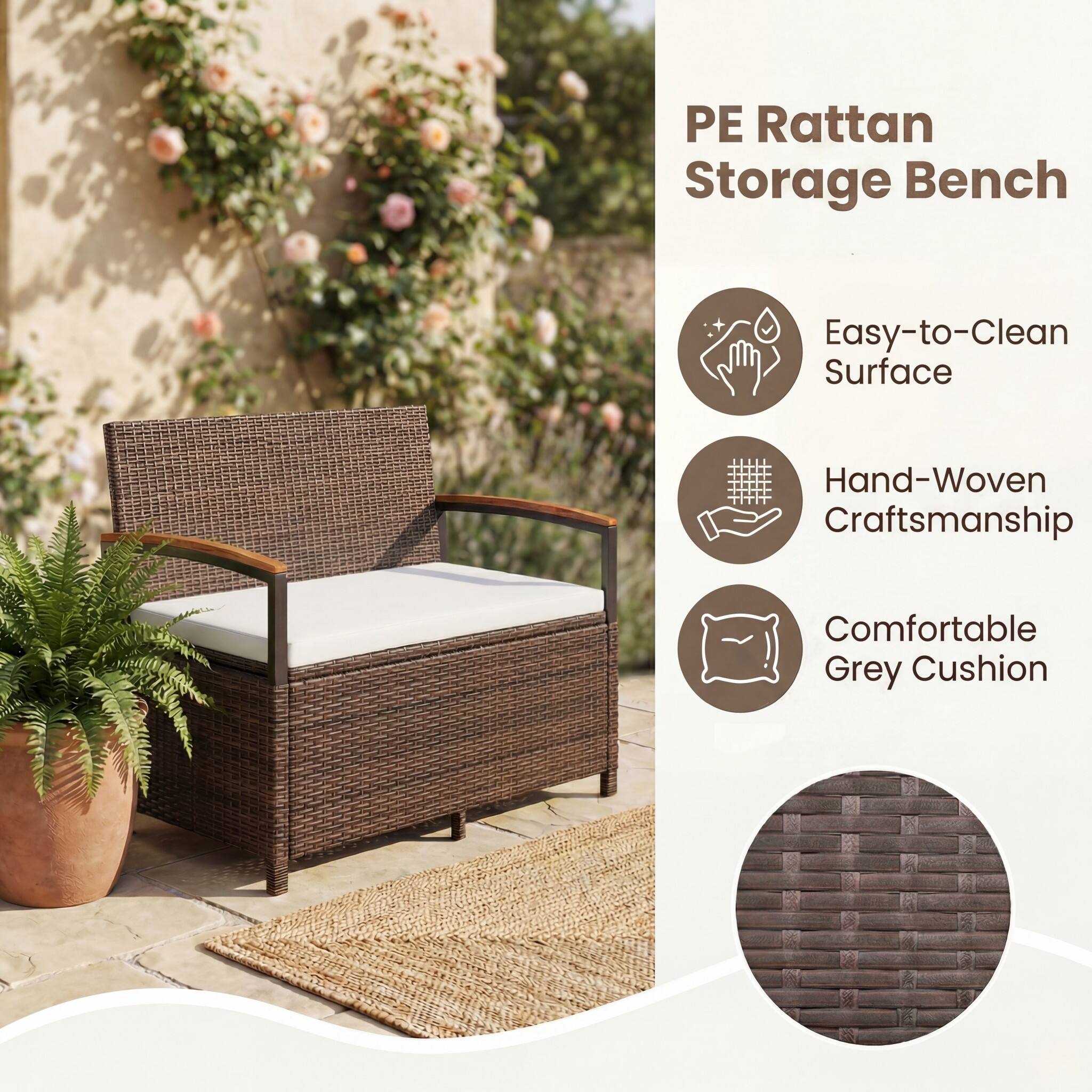 PE Rattan Storage Bench

- Easy-to-Clean Surface
- Hand-Woven Craftsmanship
- Comfortable Grey Cushion