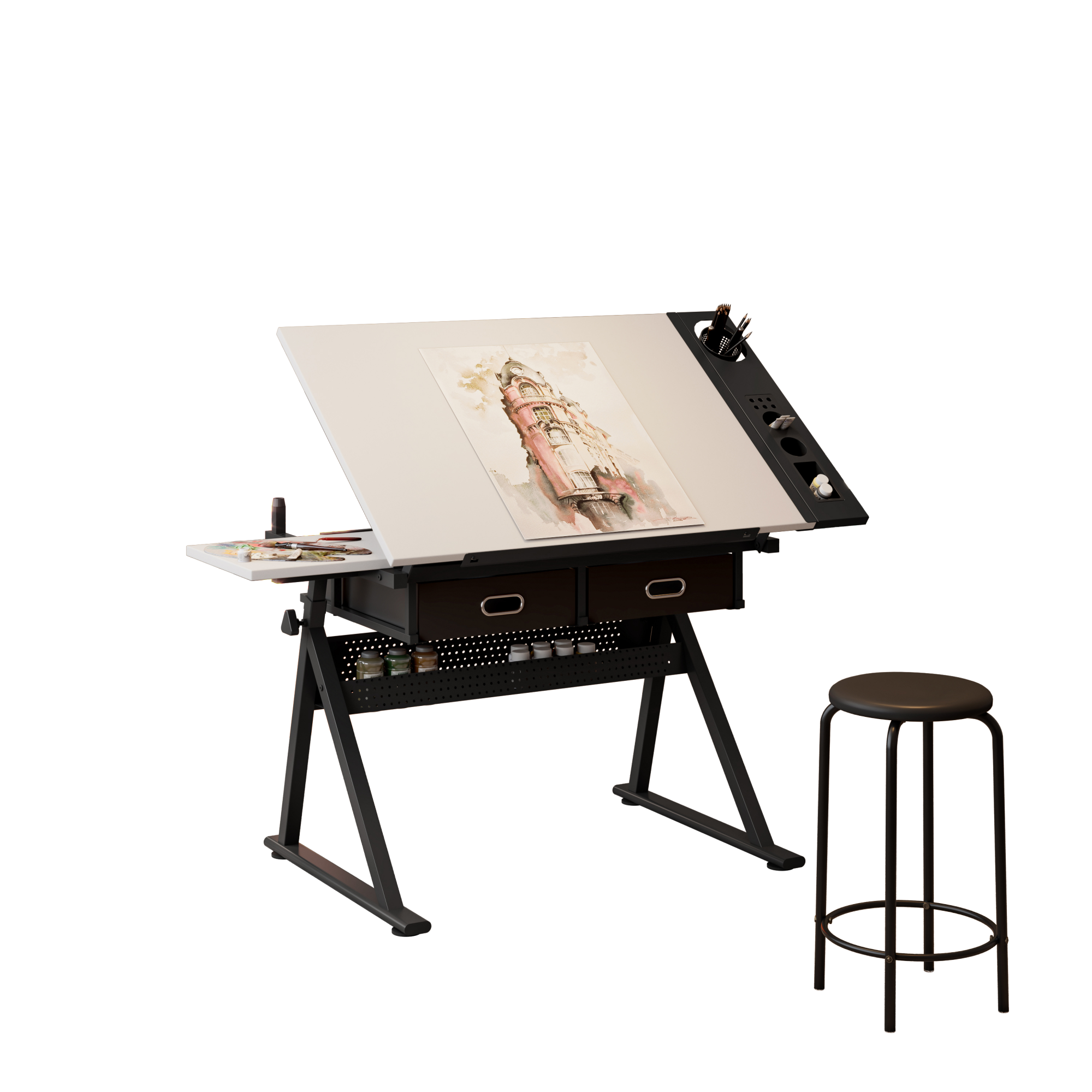 Alt View 1. GOODSILO - Adjustable Height Tiltable Drafting Table Desk with Storage Drawers and Included Stool for Artists and Students - White.