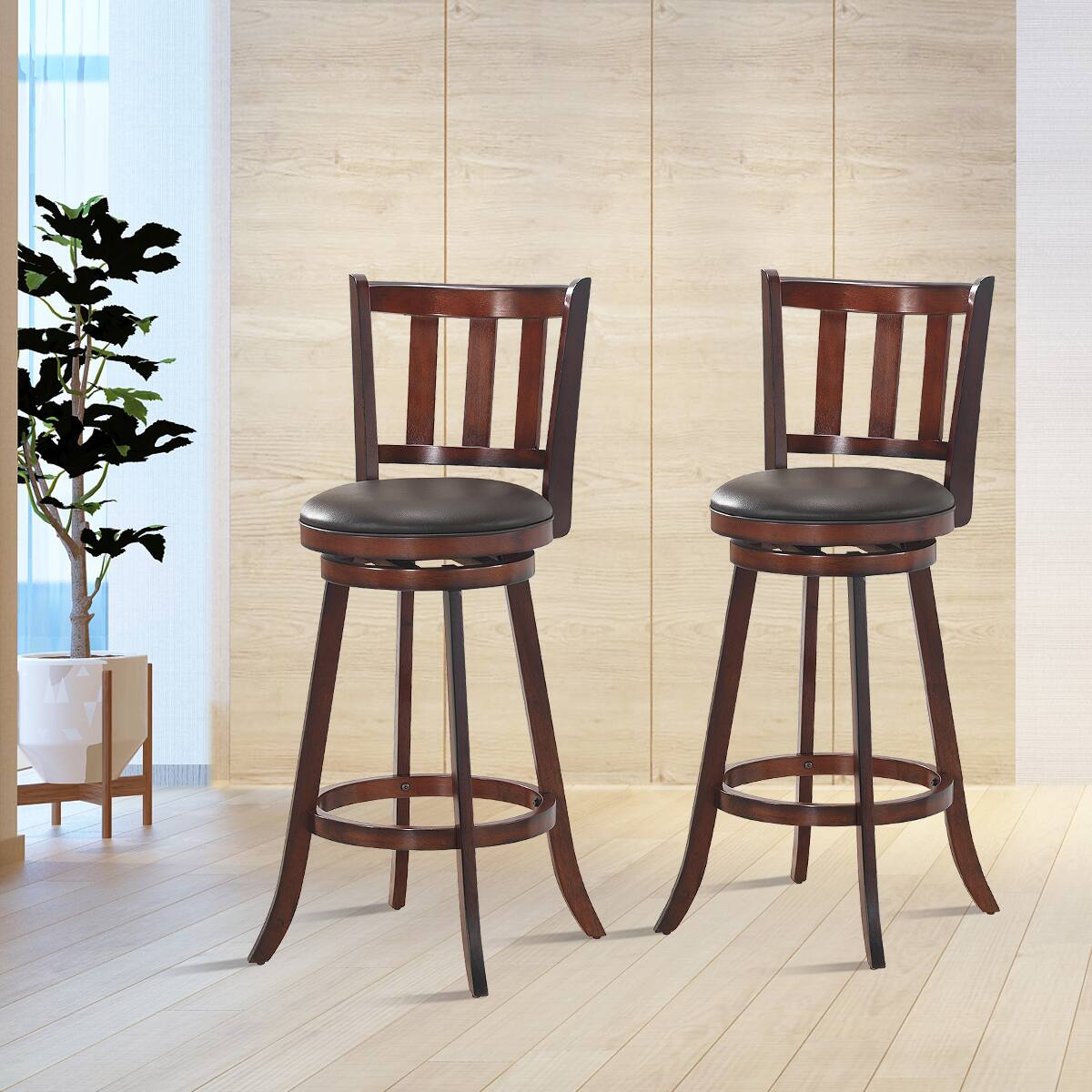 Alt View 1. Costway - Costway Set of 2 29.5" Swivel Bar stool Leather Padded Dining Kitchen Pub Bistro Chair High Back - Nut-brown.
