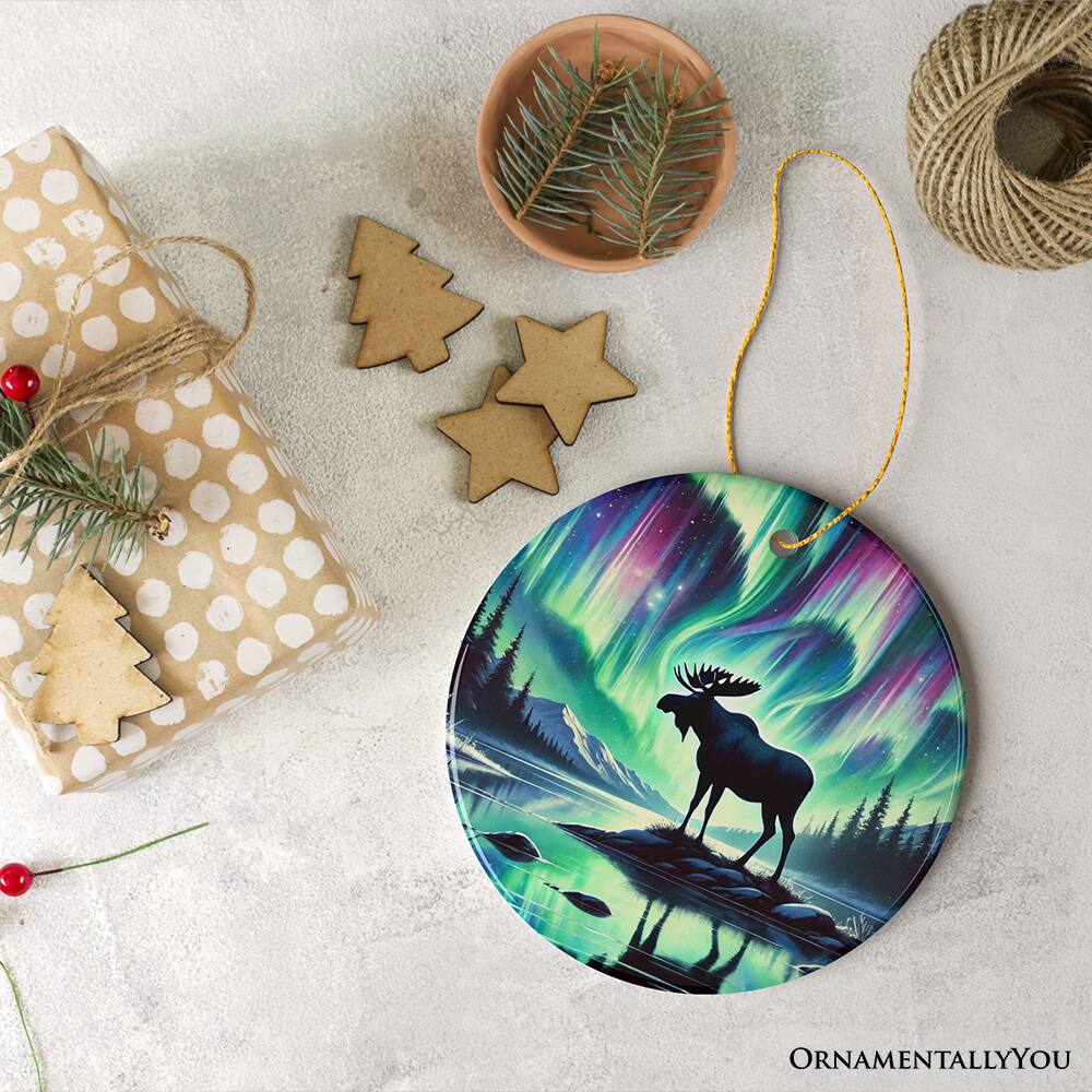 Back. OrnamentallyYou - Majestic Moose Under Northern Lights Ornament Gift for Enchanted Christmas - Multi-colored.