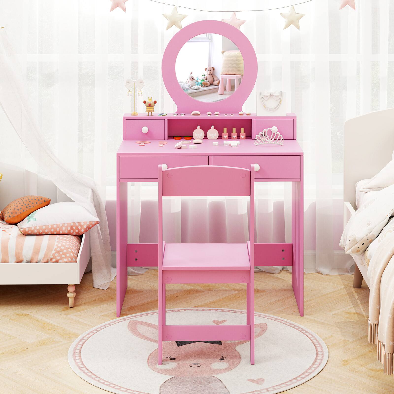 Alt View 4. Gymax - Gymax Kids Vanity Set Desk & Chair Set w/ Mirror Open Shelf & 4 Storage Drawers Pink - Pink.