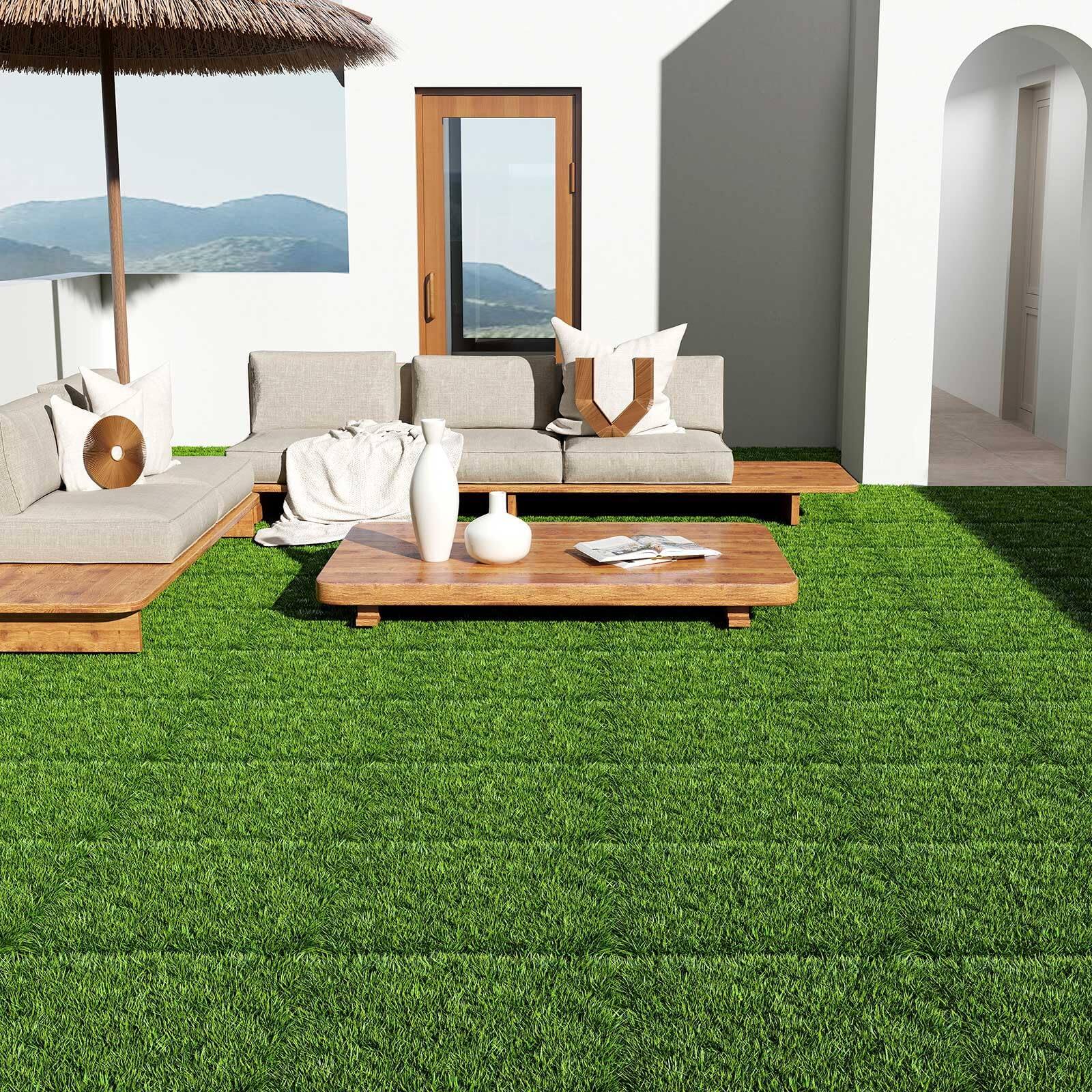 Alt View 4. APRILSOUL - 54PCS 12x12in Interlocking Artificial Grass Tiles Indoor Outdoor Turf Flooring - Green.
