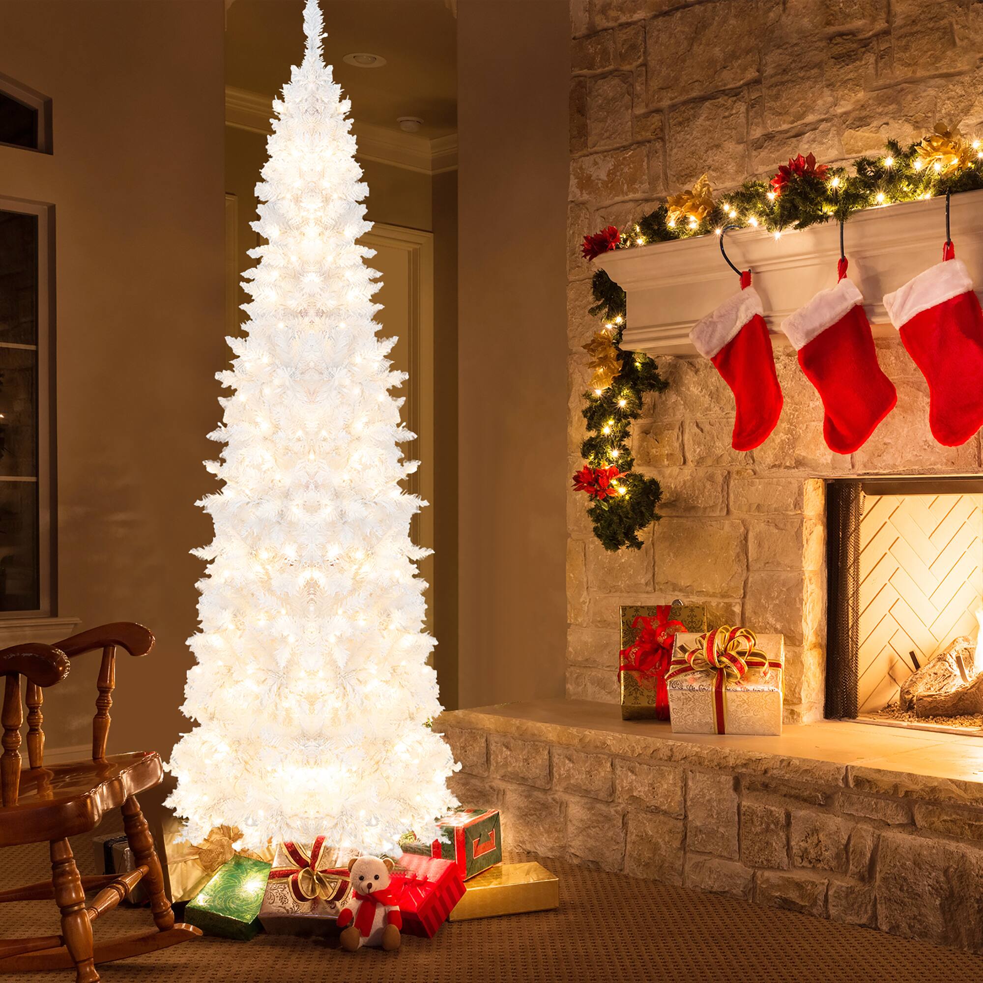 Front. Gymax - Gymax 7FT Pre-Lit Slim Pencil Christmas Tree Full Artificial Tree w/ LED Lights - White.