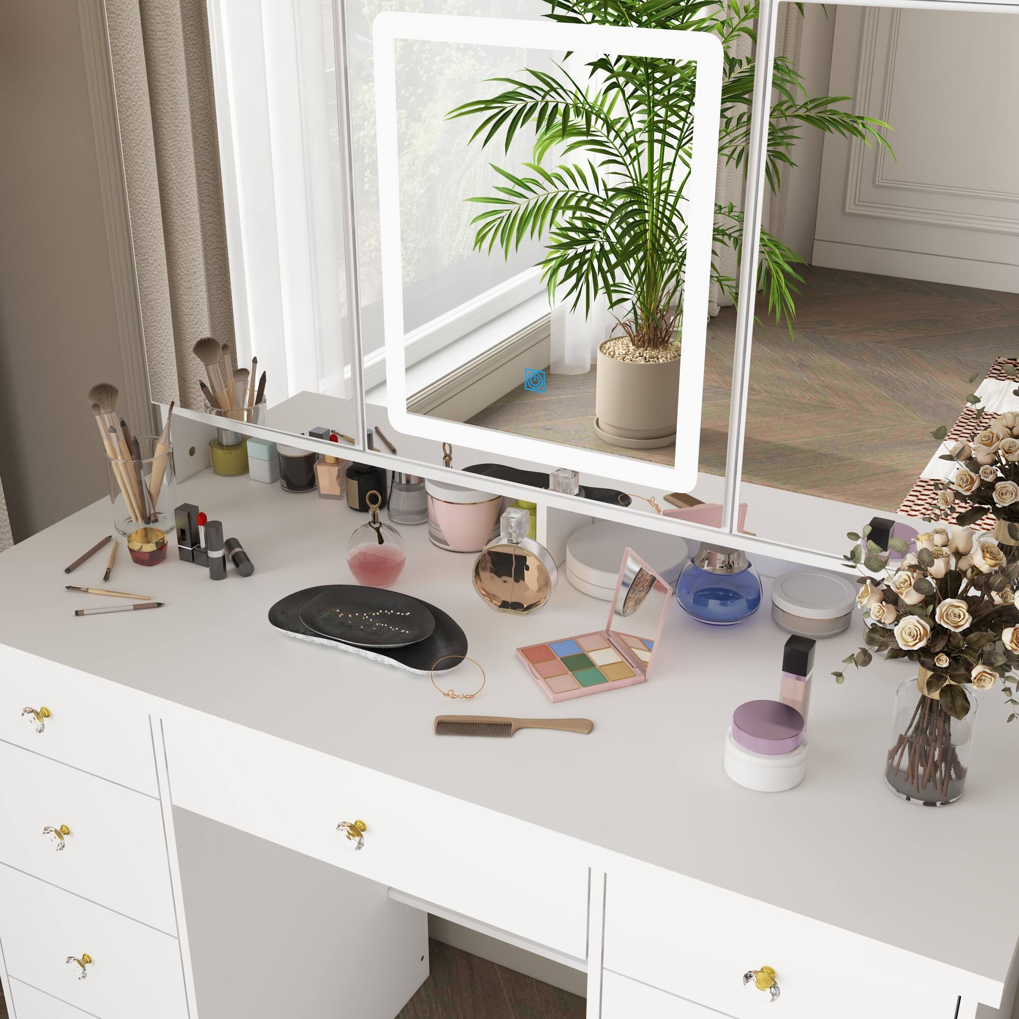 Alt View 5. Famapy - LED Tri-Fold Mirror Vanity Desk Set Adjustable Color Temperature Dimmable Lights Modern Dressing Table - White.