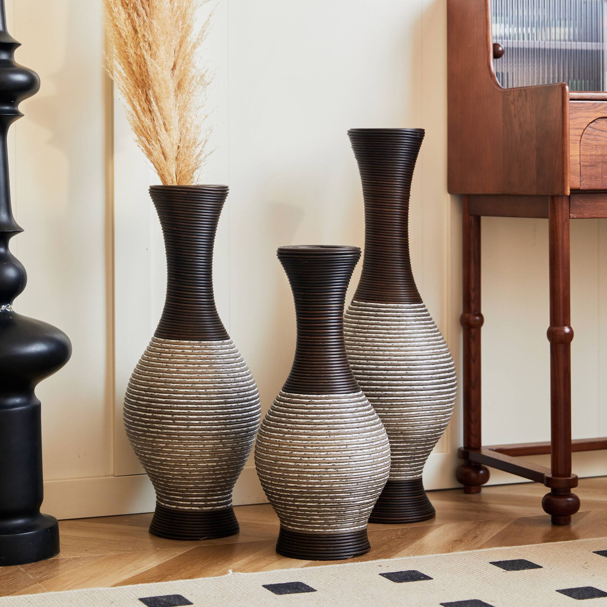 Alt View 3. Boyel Living - Set of 3 Tall PVC Floor Vases with Woven Rattan Pattern - Brown white.