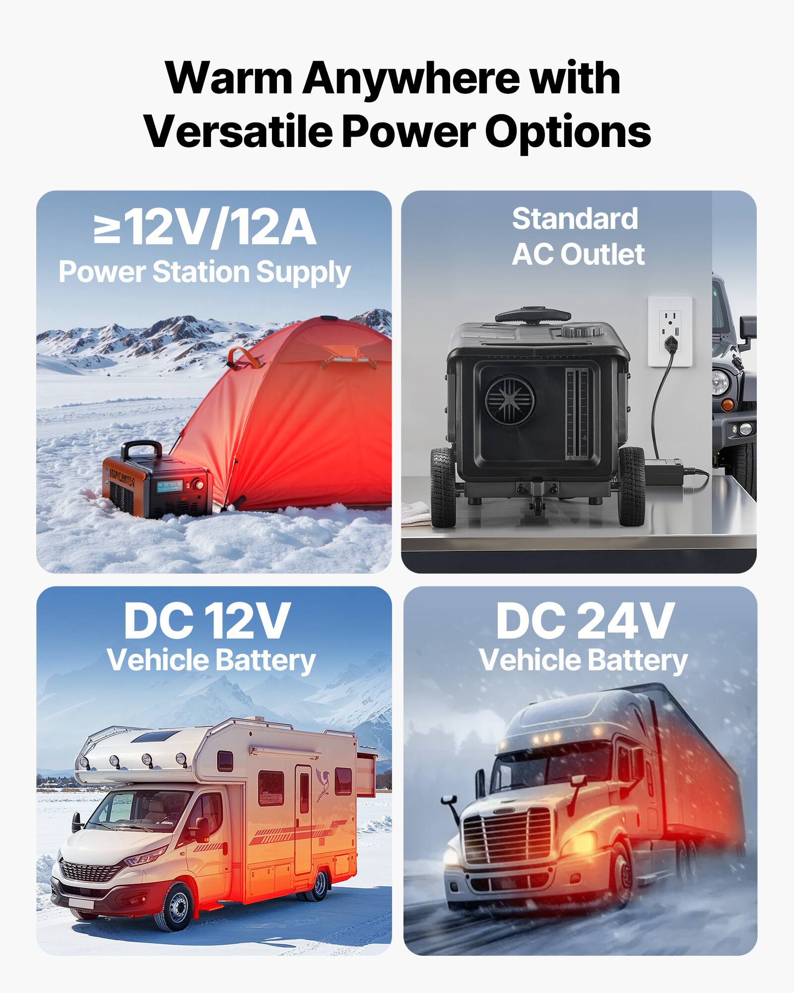 Warm Anywhere with Versatile Power Options

- ≥12V/12A Power Station Supply
- Standard AC Outlet
- DC 12V Vehicle Battery
- DC 24V Vehicle Battery