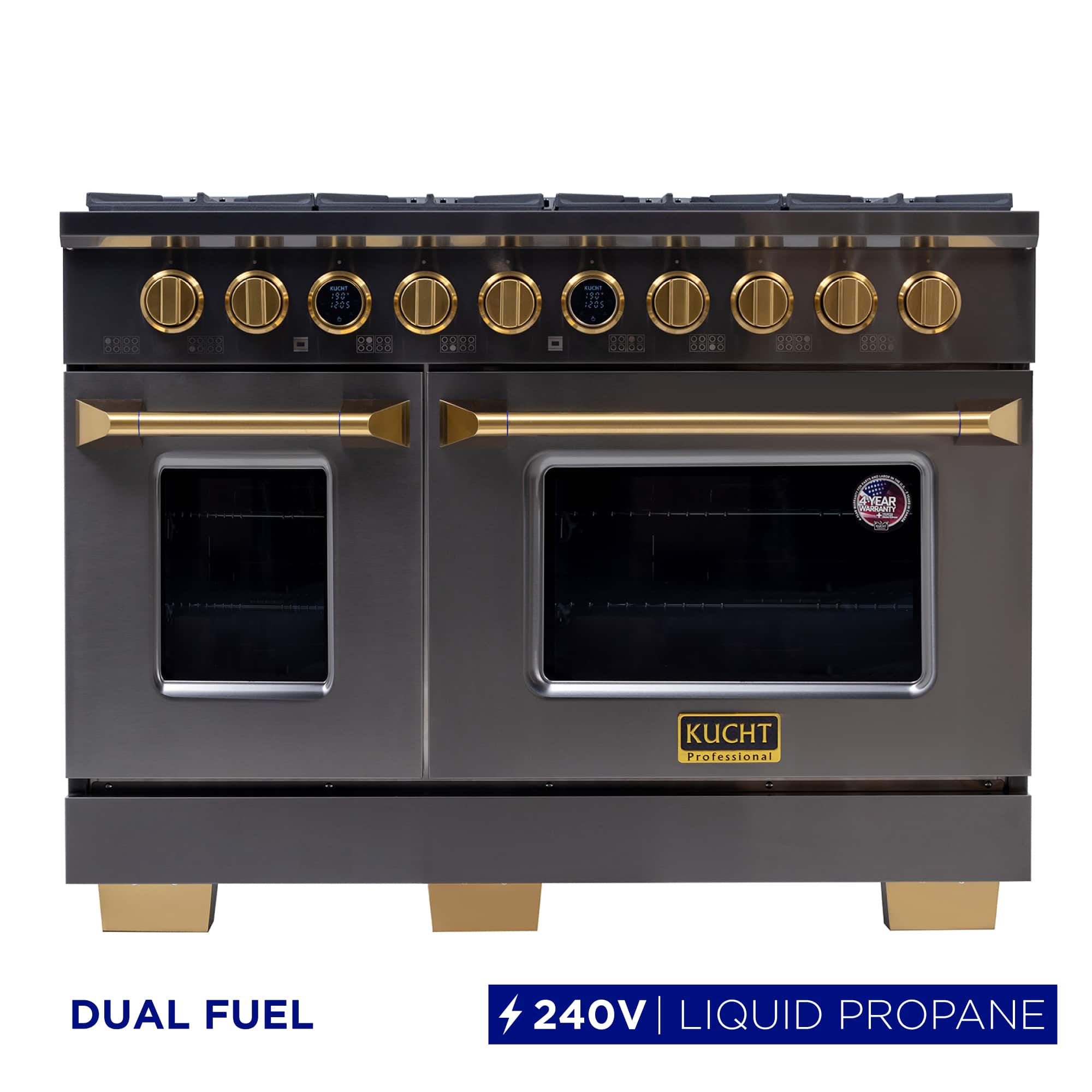 48 in. Dual Oven Dual Fuel Range, 8 Burners, LP, Titanium SS, Kucht Horus Thermostat - Gemstone