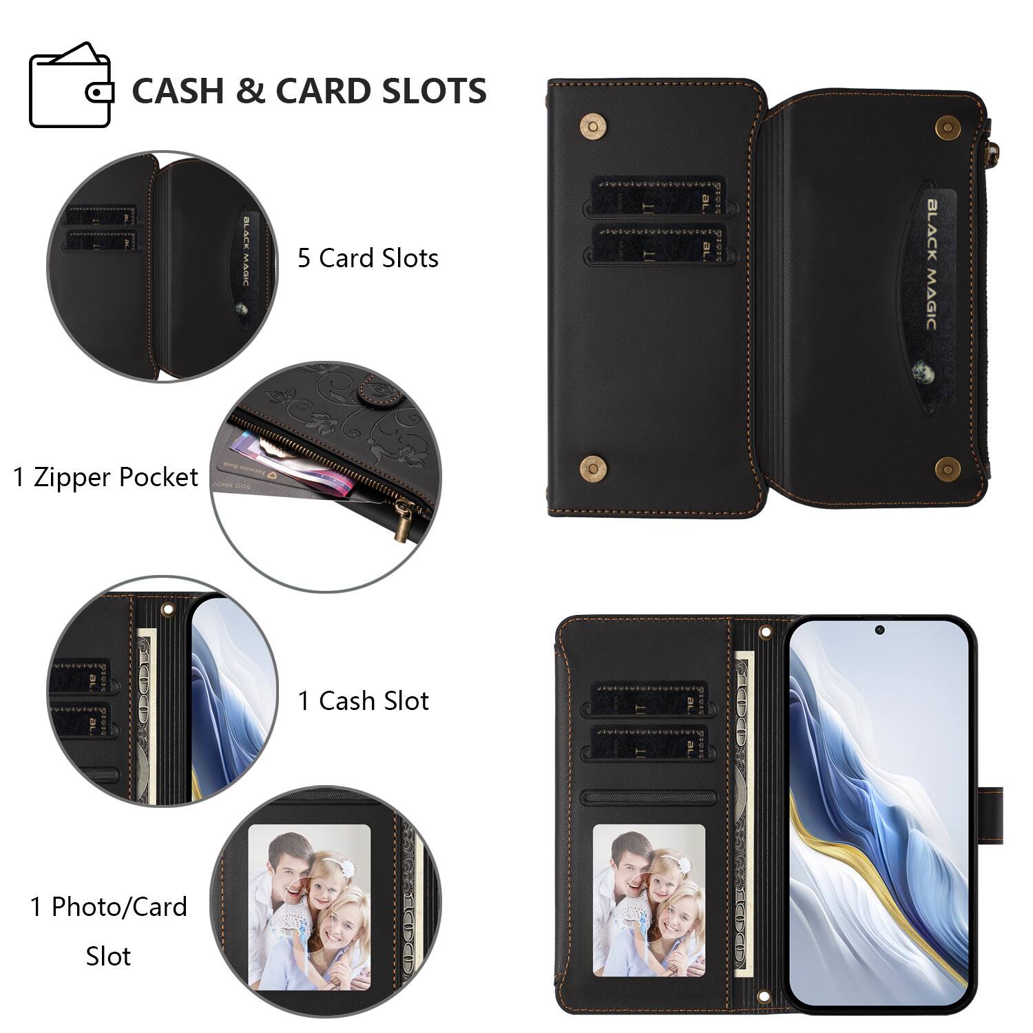 CASH & CARD SLOTS

- 5 Card Slots
- 1 Zipper Pocket
- 1 Cash Slot
- 1 Photo/Card Slot
