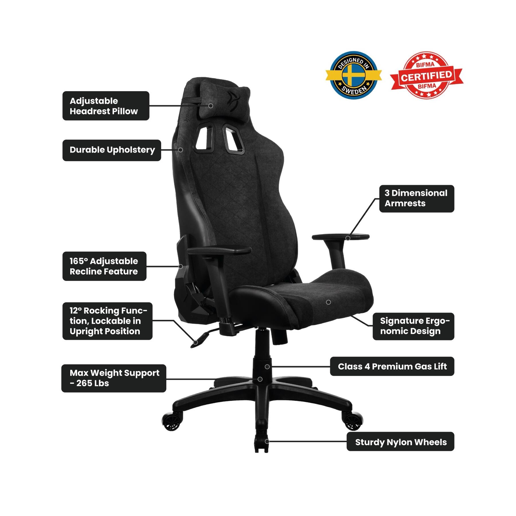 Adjustable Headrest Pillow, Durable Upholstery, 3 Dimensional Armrests, 165° Adjustable Recline Feature, 12° Rocking Function, Lockable in Upright Position, Signature Ergonomic Design, Max Weight Support - 265 Lbs, Class 4 Premium Gas Lift, Sturdy Nylon Wheels, DESIGNED IN SWEDEN, BIFMA CERTIFIED BIFMA