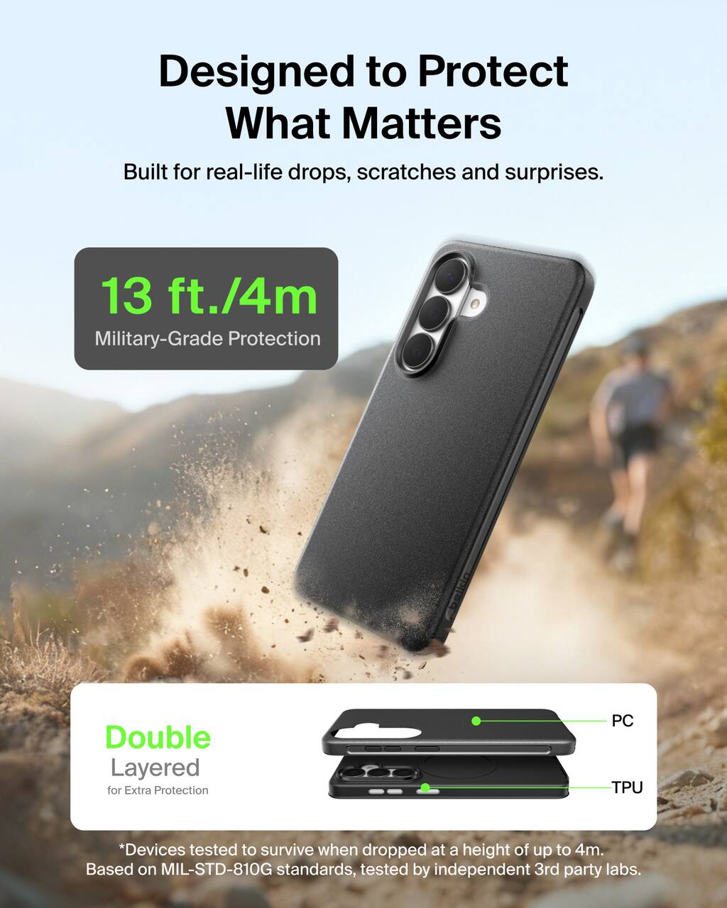 Designed to Protect What Matters  
Built for real-life drops, scratches and surprises.  

13 ft./4m Military-Grade Protection  

Double Layered for Extra Protection  

*Devices tested to survive when dropped at a height of up to 4m.  
Based on MIL-STD-810G standards, tested by independent 3rd party labs.  

PC TPU