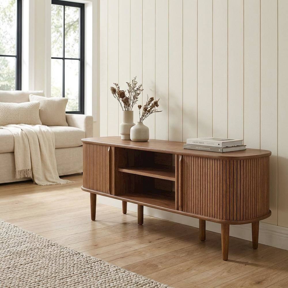 Left. FurniFact - Brown wood TV stand with sleek design and sturdy construction - Brown.