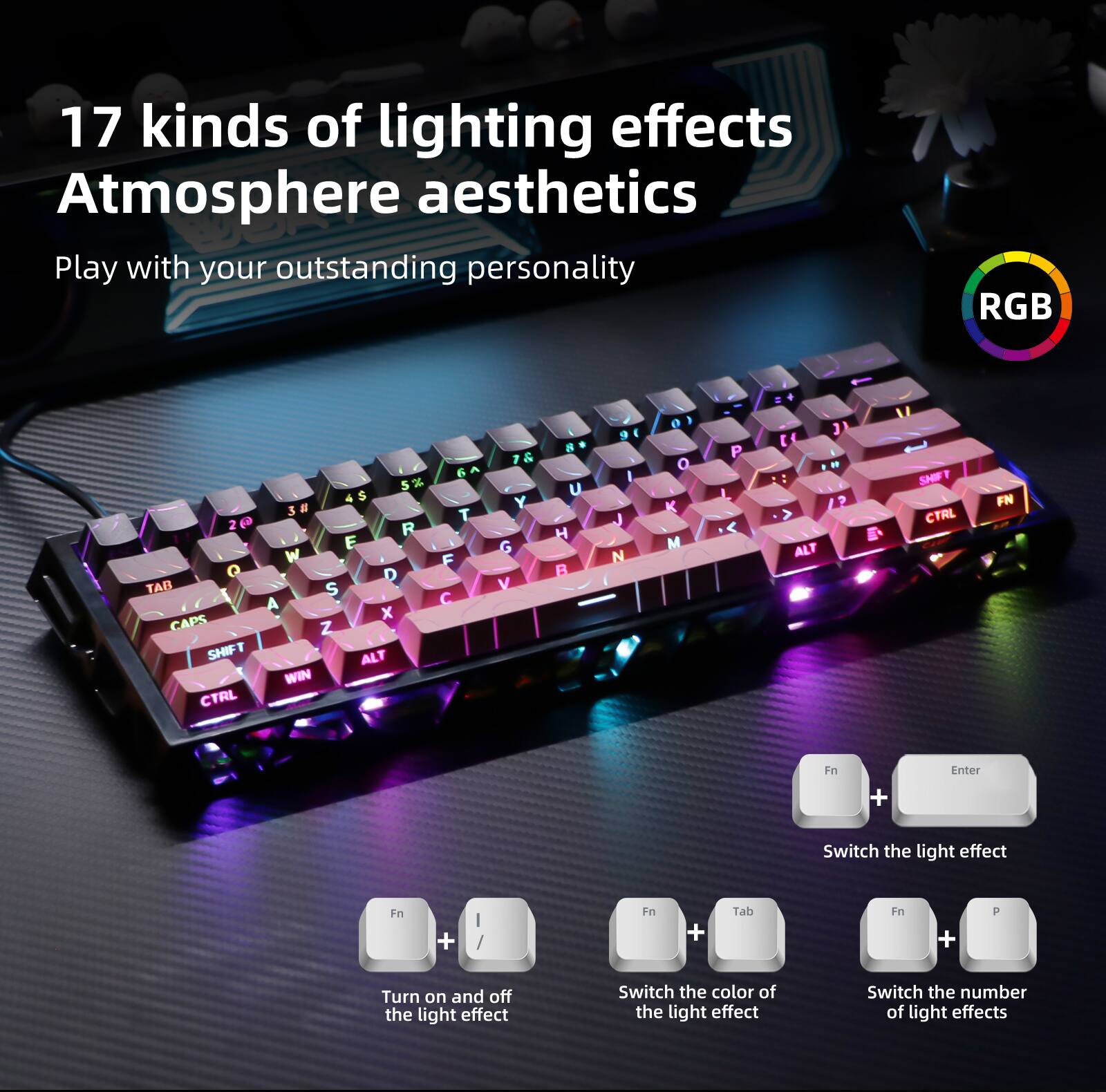 17 kinds of lighting effects  
Atmosphere aesthetics  

Play with your outstanding personality  

RGB  

- Fn + Enter: Switch the light effect  
- Fn + I: Turn on and off the light effect  
- Fn + Tab: Switch the color of the light effect  
- Fn + P: Switch the number of light effects