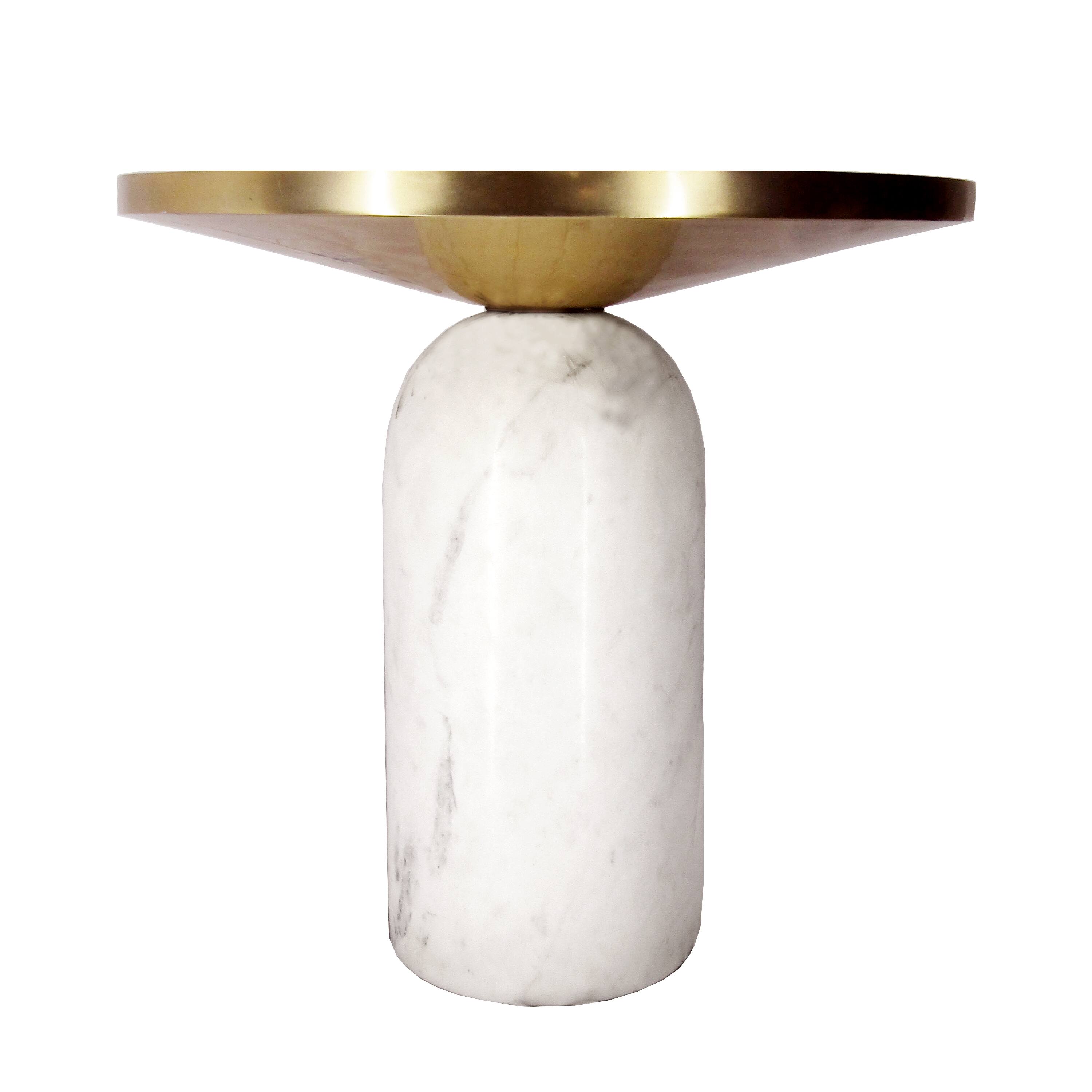 Alt View 1. Manhattan Lane - 17 Inch Round Brass Modern Accent End Table with Cylindrical Marble Base - Brass, White.