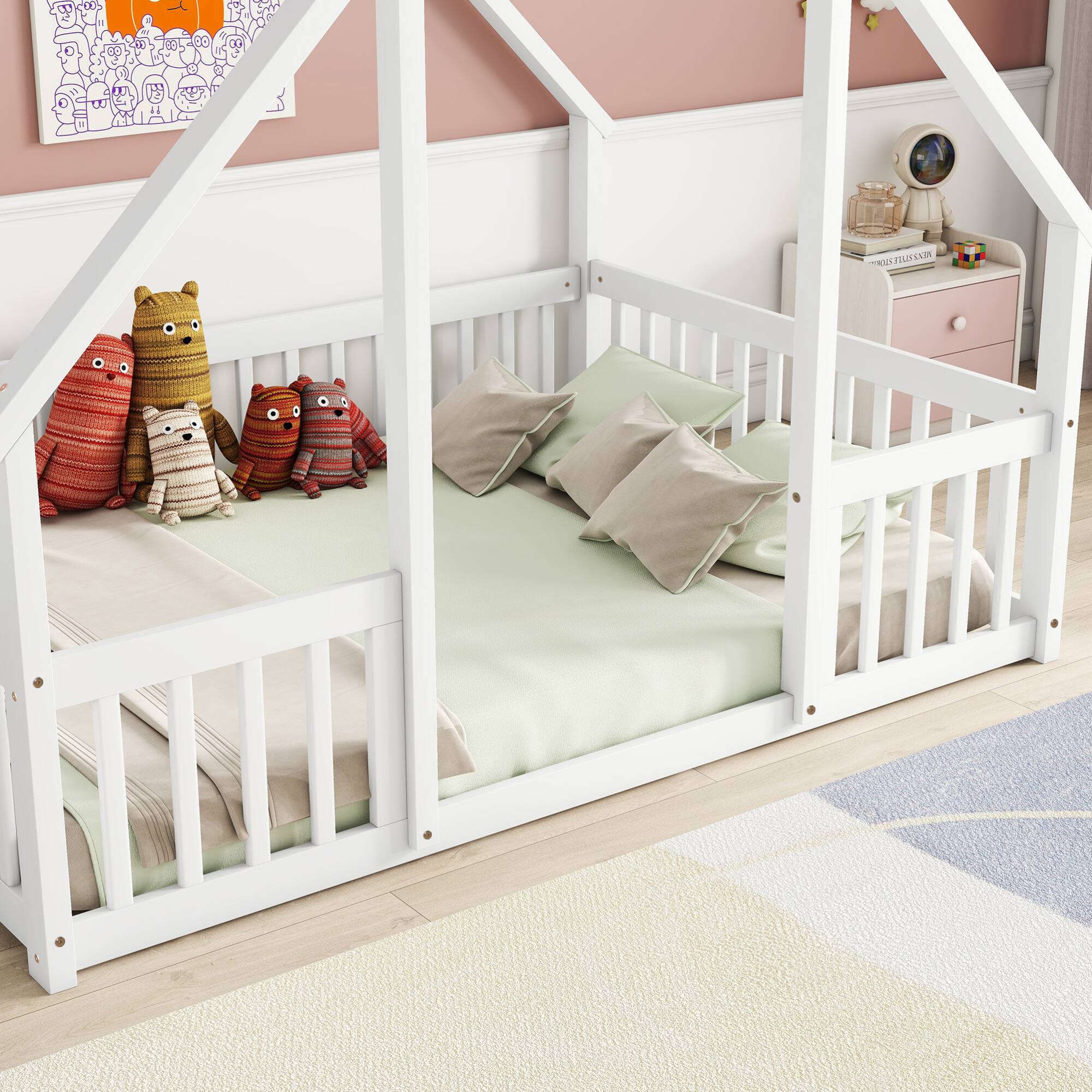 Alt View 8. GOODSILO - House-Shaped Floor Bed with Protective Fence and Guardrails for Children's Bedroom - White.
