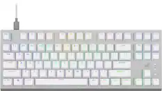 The image shows a close-up view of a computer keyboard with a colorful design. The keyboard has a purple and white color scheme, and it features a variety of keys, including letters, numbers, and function keys. The keys are arranged in a standard layout, with the letters and numbers occupying the majority of the space. The keyboard is designed to be visually appealing and easy to use for typing and navigating on a computer.