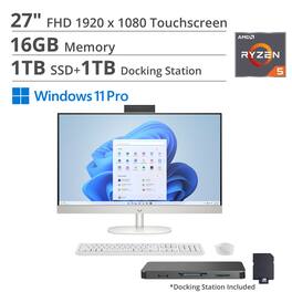 HP - 27" FHD Touch All-in-One Desktop,Ryzen 5 7520U,16GB RAM,1TB SSD+1TB Dock Set,Wireless Keyboard&Mouse,Win 11 Pro - White