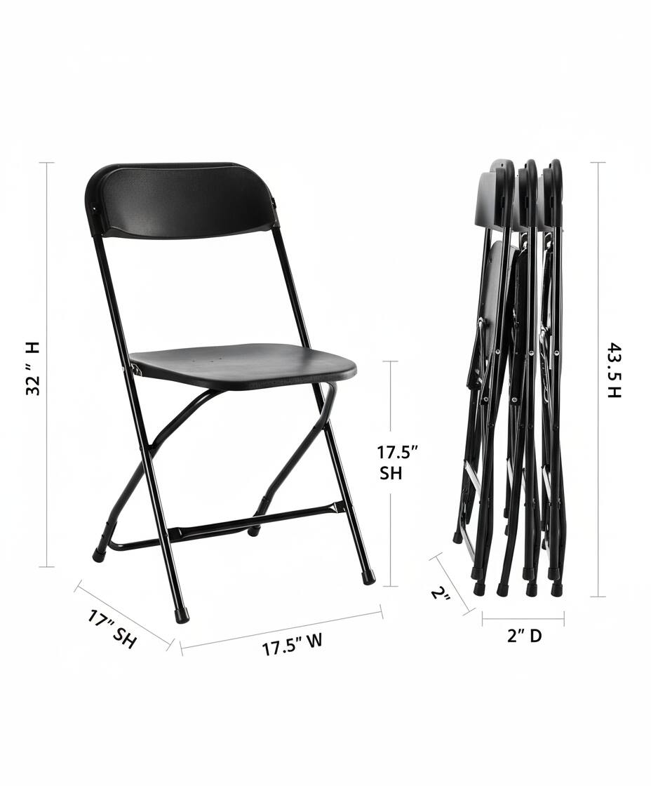 - Height (H): 32"
- Seat Height (SH): 17.5"
- Width (W): 17.5"
- Depth (D): 2"
- Folded Height (H): 43.5"