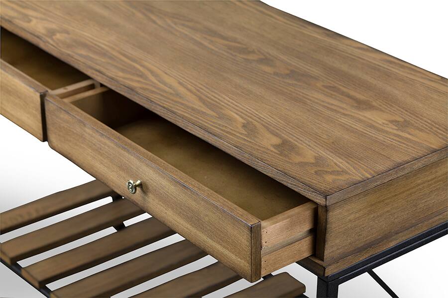 Back. Baxton Studio - Newcastle Wood and Metal Console Table-Criss-Cross - Brown/Antique Bronze.