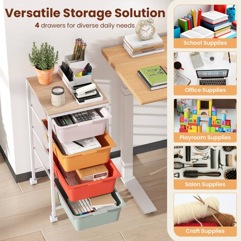 Versatile Storage Solution  
4 drawers for diverse daily needs  

School Supplies  
Office Supplies  
Playroom Supplies  
Salon Supplies  
Craft Supplies