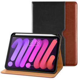 DTTO - Case for iPad Mini 7 (A17 Pro) 2024 / Mini 6 2021 8.3" - Leather Folio Stand with Pencil Holder & Multi-Angle Viewing - Black Brown