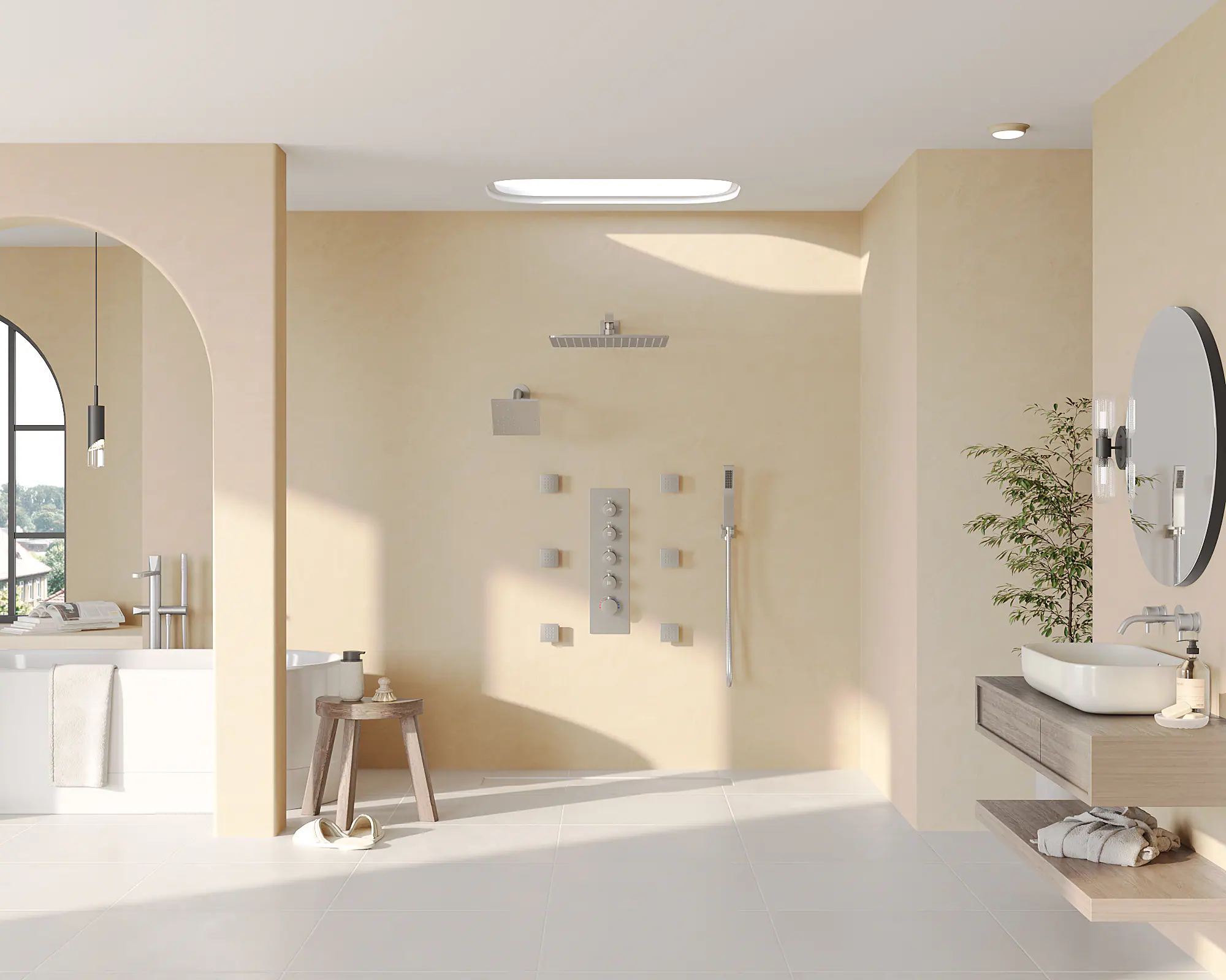 Left. GRANDJOY - Thermostatic Rain Shower System with 6 Body Jets and Handheld Sprayer, Anti-Scald Dual Head Set with Rough-in Valve - Brushed Nickel.