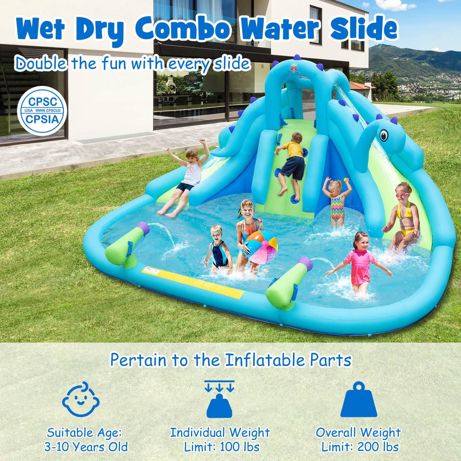 Wet Dry Combo Water Slide: Double the fun with every slide. Suitable for ages 3-10 years old. Individual weight limit: 100 lbs. Overall weight limit: 200 lbs.