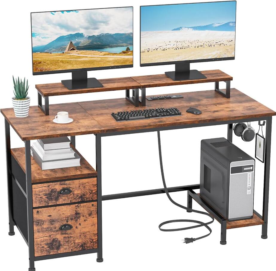 Front. Furologee - Rustic Brown Computer Desk with Drawer and Power Outlets - Rustic Brown.