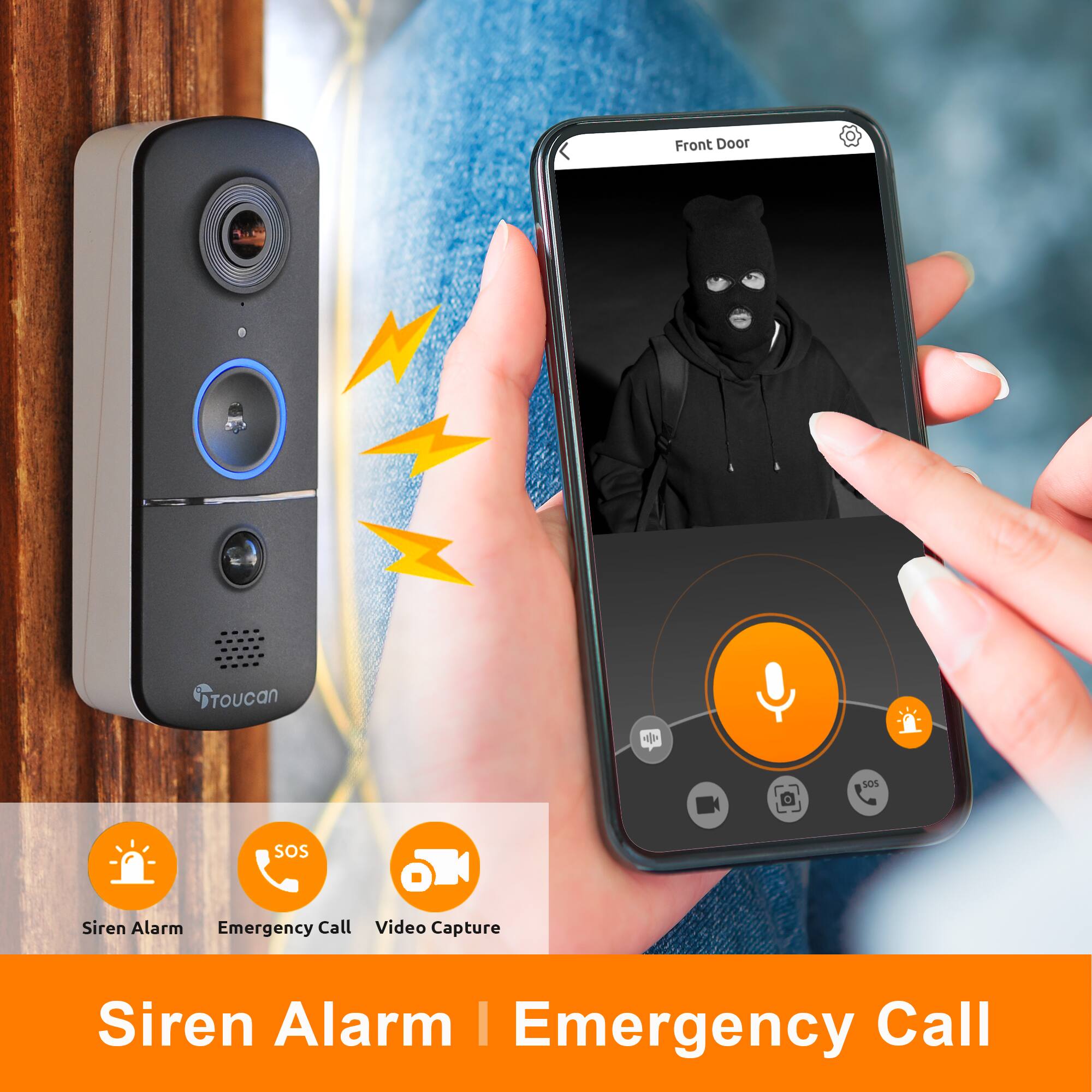 Front Door Toucan: SOS, Siren Alarm, Emergency Call, Video Capture.