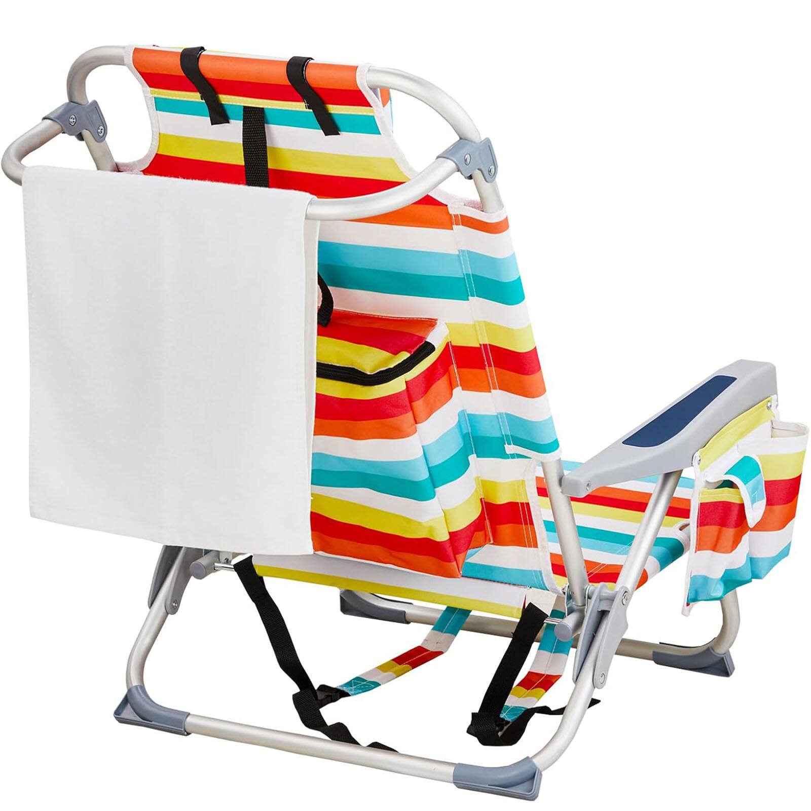Alt View 2. Chateau Abodes - Outdoor Backpack Beach Chair, 5-Position Reclining with Towel Bar, Cooler Pouch, Cup Holder & Backpack Straps - Rainbow Stripes.