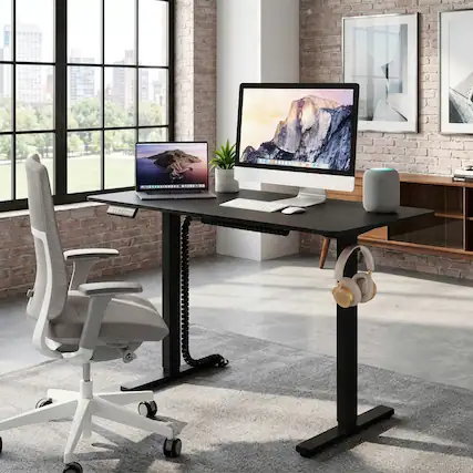 Front. WELLFOR - 48" Ergonomic Electric Standing Desk with 3 Memory Settings & Hanging Hooks, Adjustable Height Stand up Desk - Black.