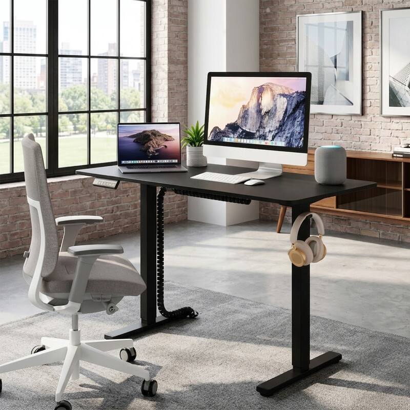 Front. WELLFOR - 48" Ergonomic Electric Standing Desk with 3 Memory Settings & Hanging Hooks, Adjustable Height Stand up Desk - Black.