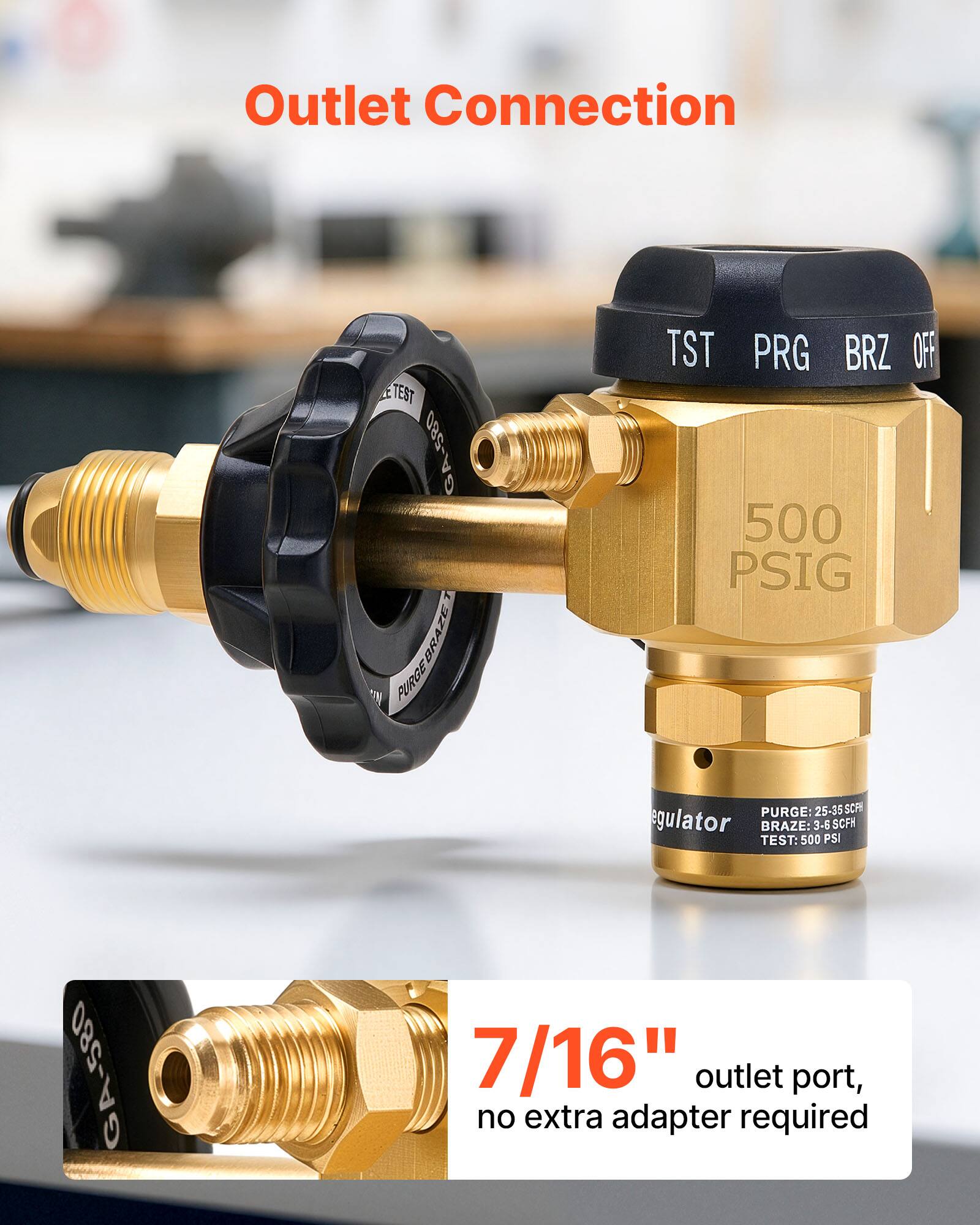 Outlet Connection

GA-580

TEST GA-580 GA PURGEBRAZE GRAZE PURGE TST PRG BRZ OFF

500 PSIG

PURGE: 25-35 SCFM

REGULATOR

BRAZE: 3-6 PSI SCFM

TEST: 500 PSI

7/16" outlet port, no extra adapter required