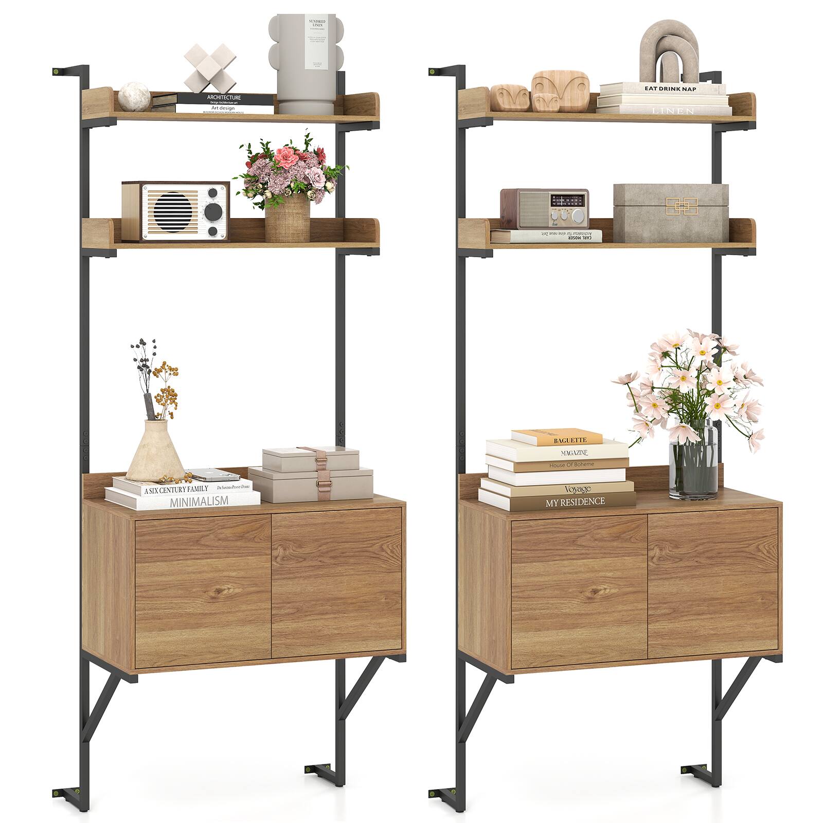 Costway - 2 PCS 71.5" Tall Ladder Shelf Narrow Wall Mounted Ladder Bookcase with Doors - Natural + Black